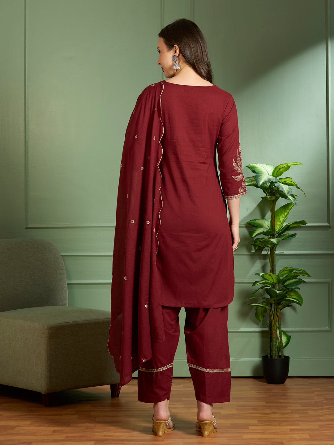 Solid Floral Embroidered Straight Kurta with Salwar & Dupatta - Maroon