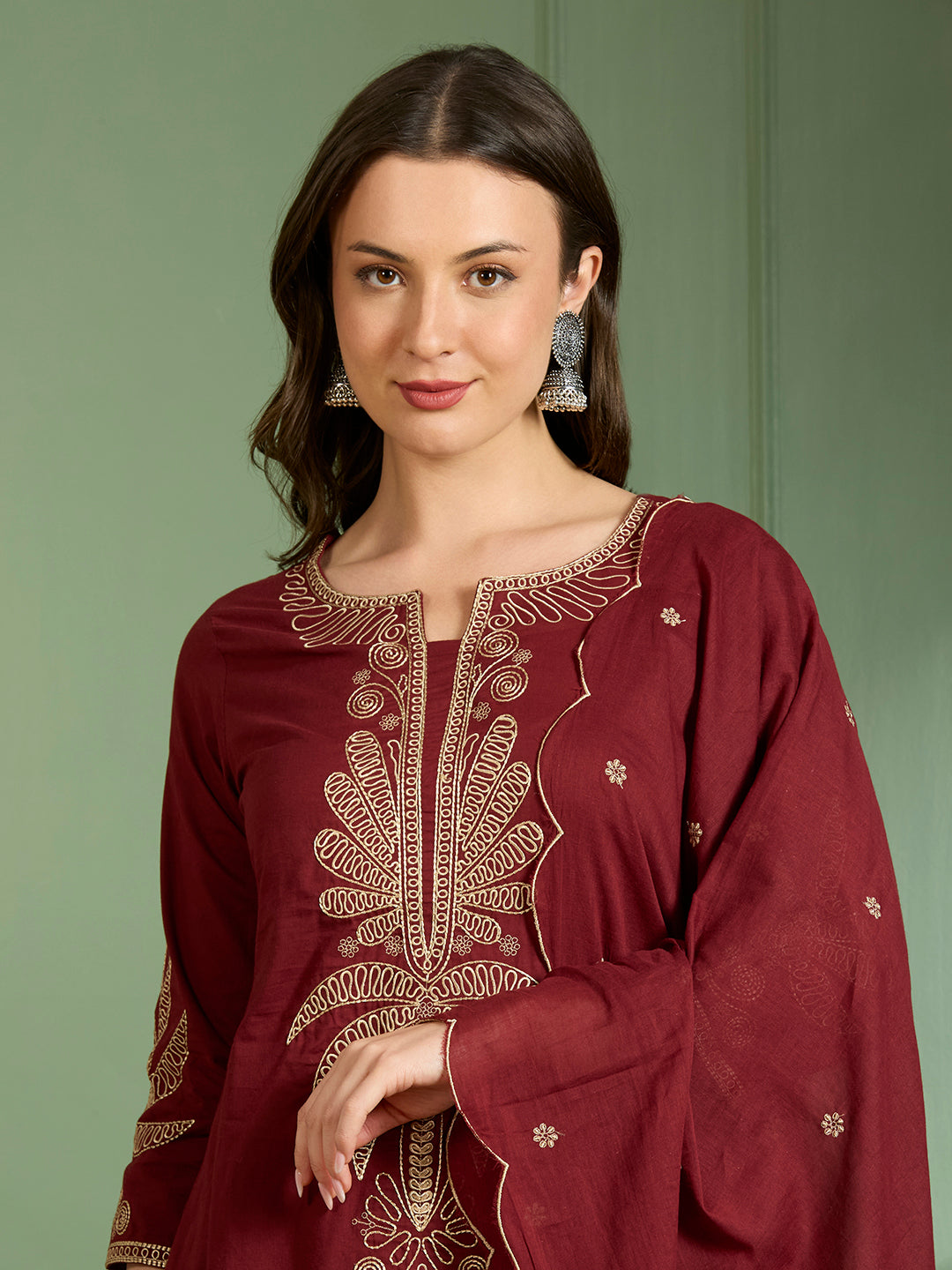 Solid Floral Embroidered Straight Kurta with Salwar & Dupatta - Maroon