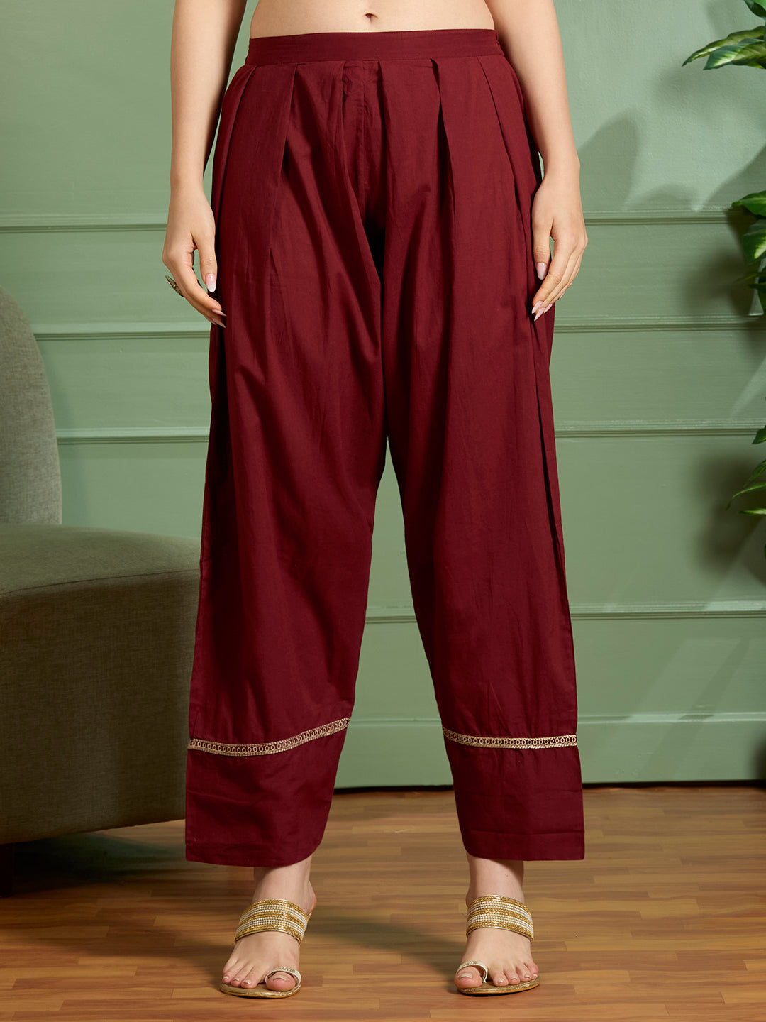 Solid Floral Embroidered Straight Kurta with Salwar & Dupatta - Maroon