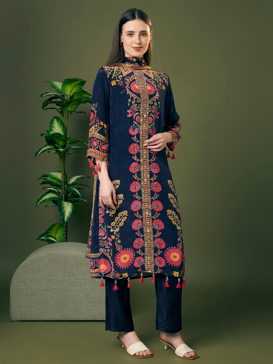Ethnic Floral Printed Embroidered Straight Kurta with Pant & Dupatta - Navy Blue