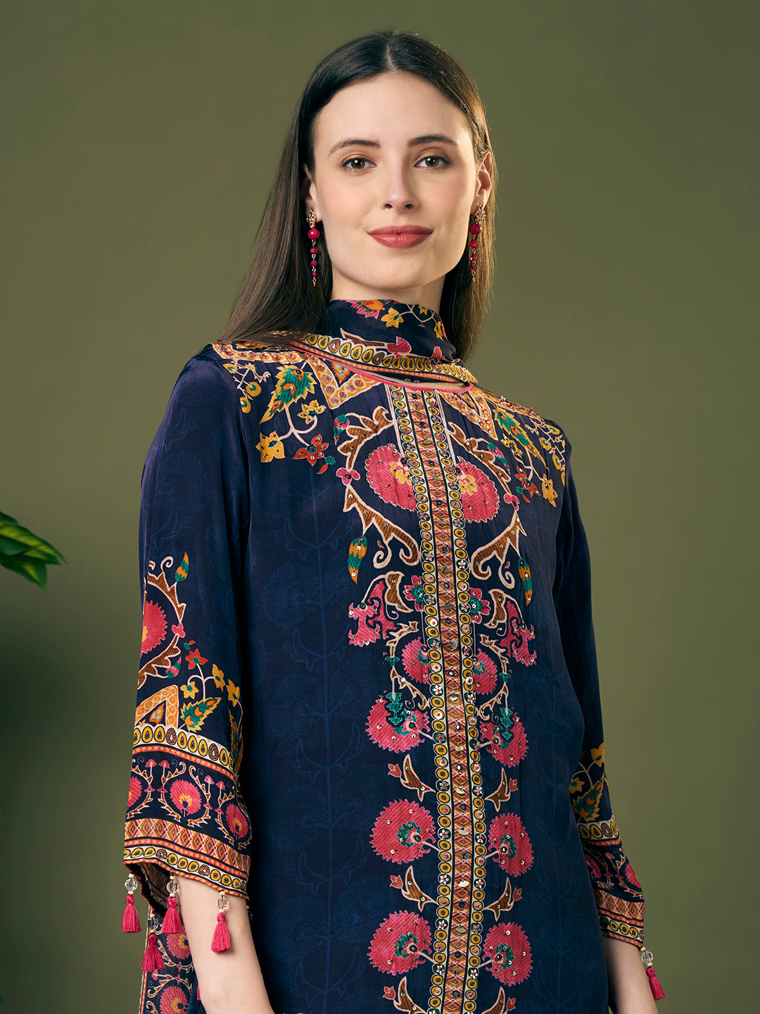 Ethnic Floral Printed Embroidered Straight Kurta with Pant & Dupatta - Navy Blue