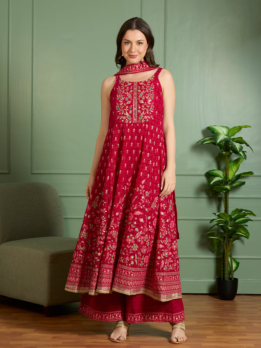 Festive Floral Printed Anarkali With Palazzo & Dupatta - Red