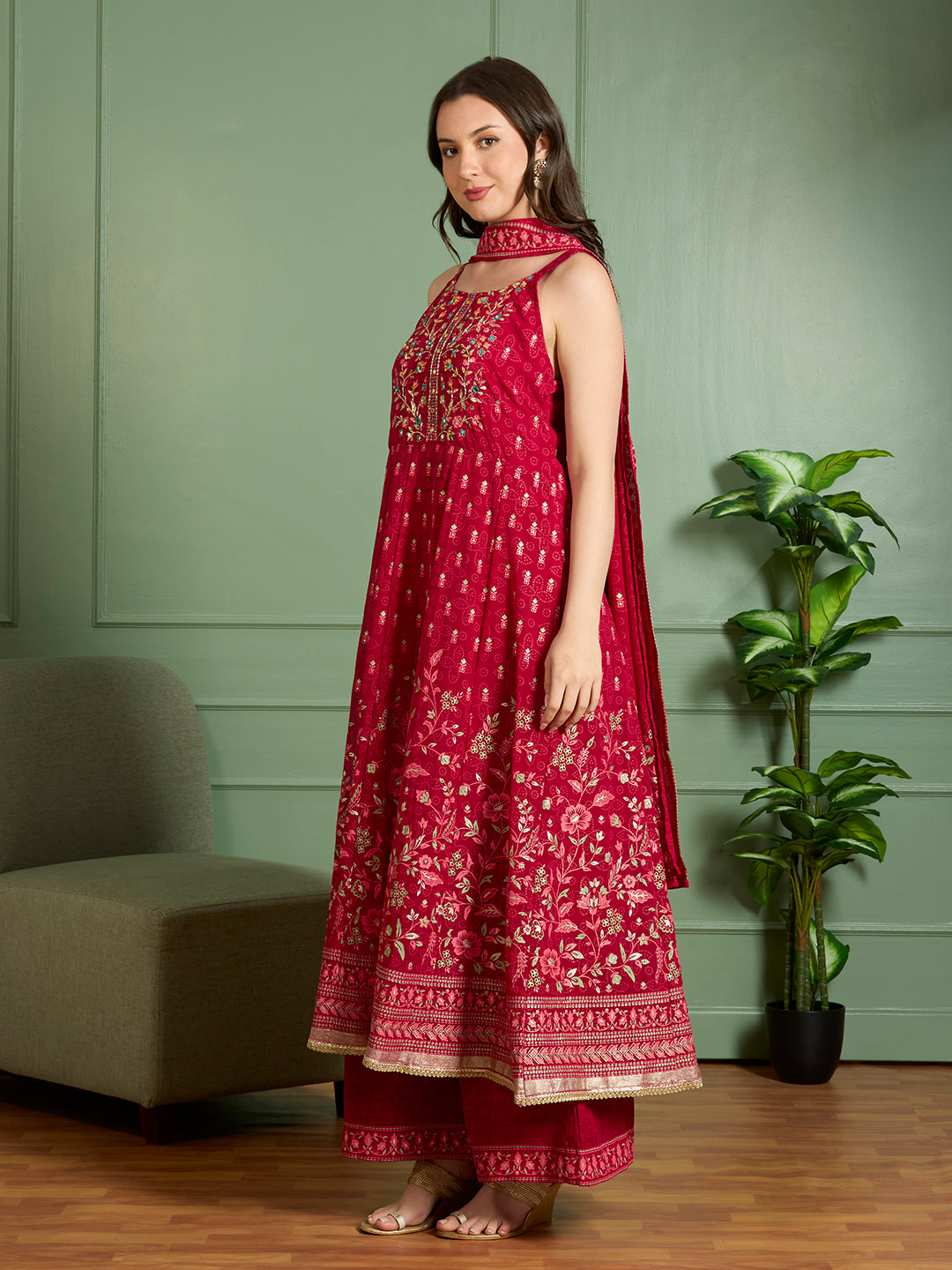 Festive Floral Printed Anarkali With Palazzo & Dupatta - Red