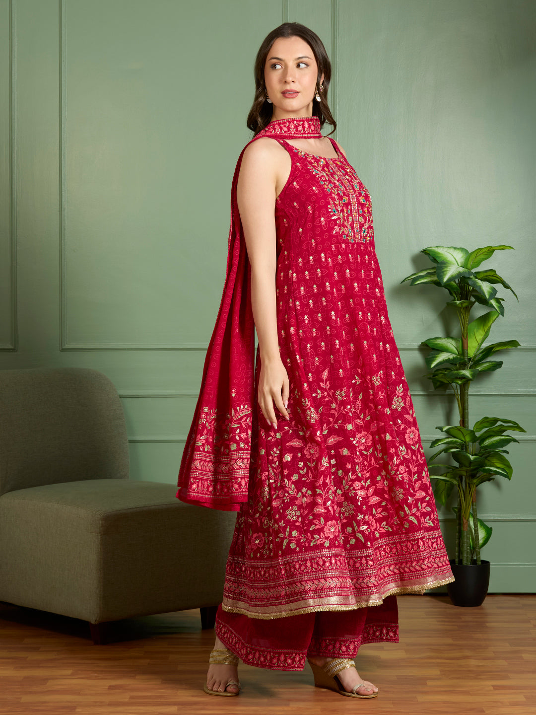 Festive Floral Printed Anarkali With Palazzo & Dupatta - Red