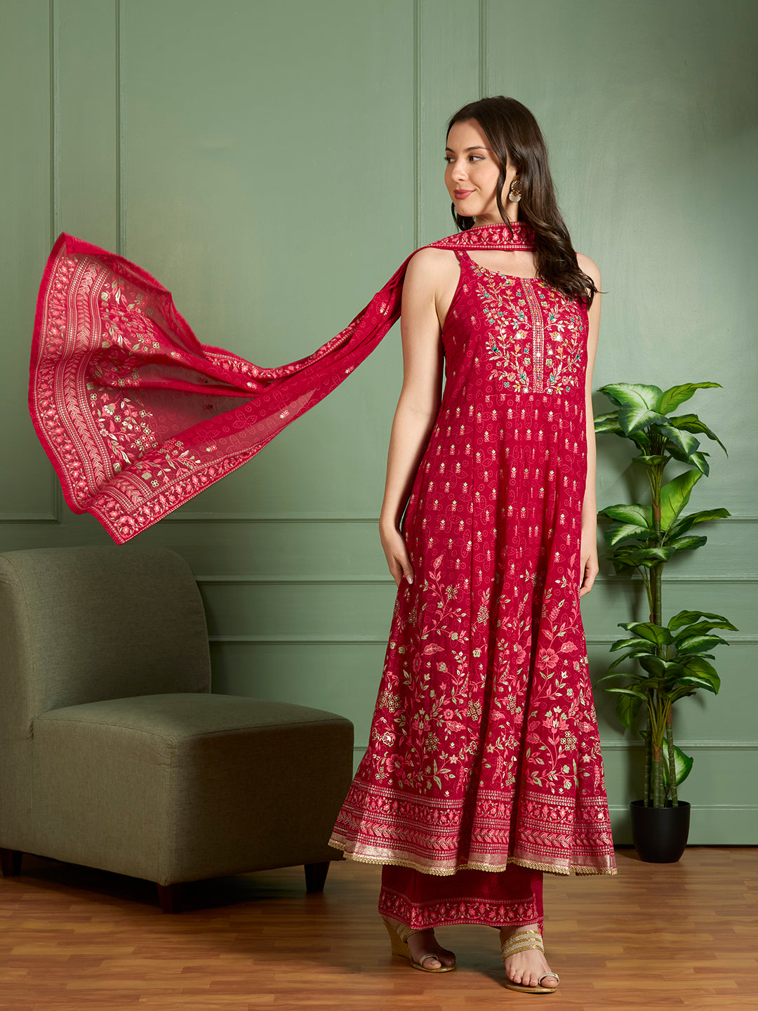 Festive Floral Printed Anarkali With Palazzo & Dupatta - Red