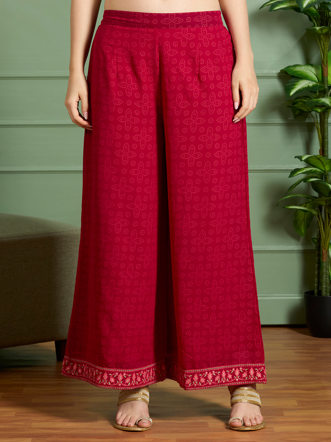 Festive Floral Printed Anarkali With Palazzo & Dupatta - Red