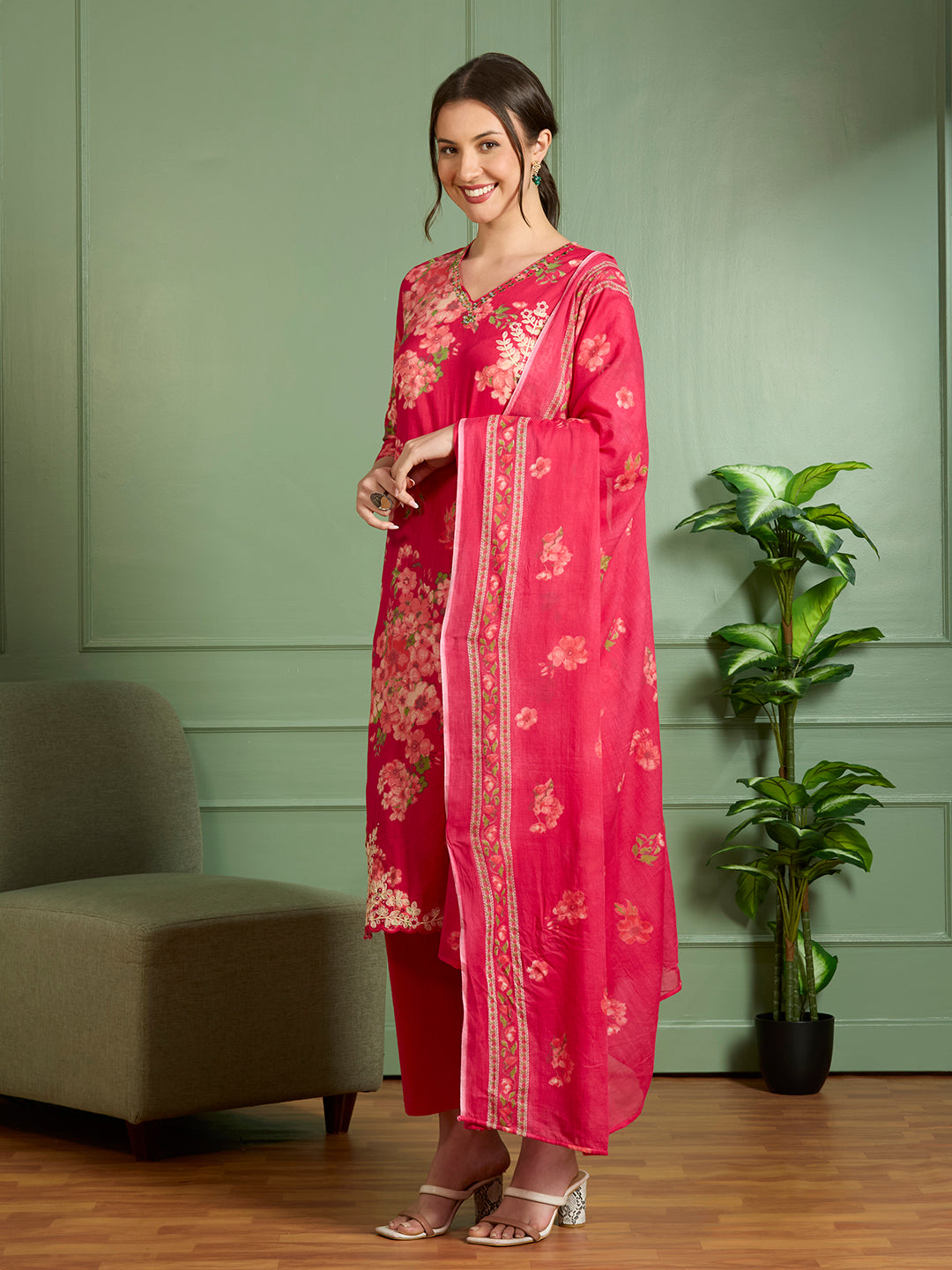 Floral Printed Straight Fit Kurta with Palazzo and Pure Cotton Dupatta - Magenta