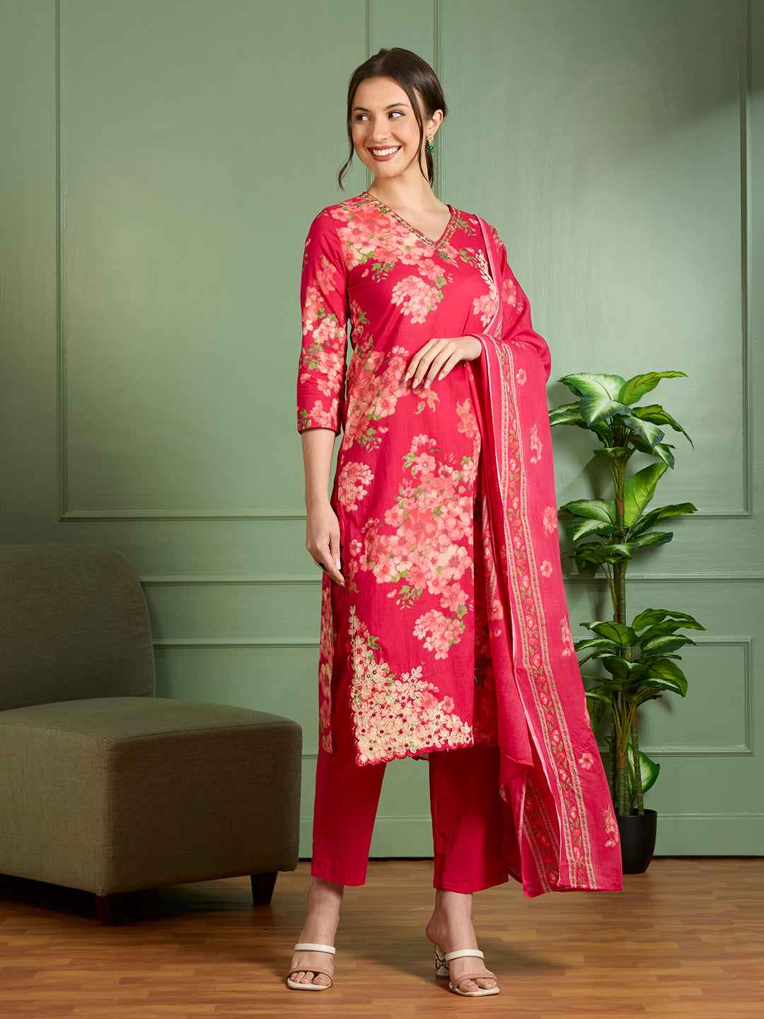Floral Printed Straight Fit Kurta with Palazzo and Pure Cotton Dupatta - Magenta