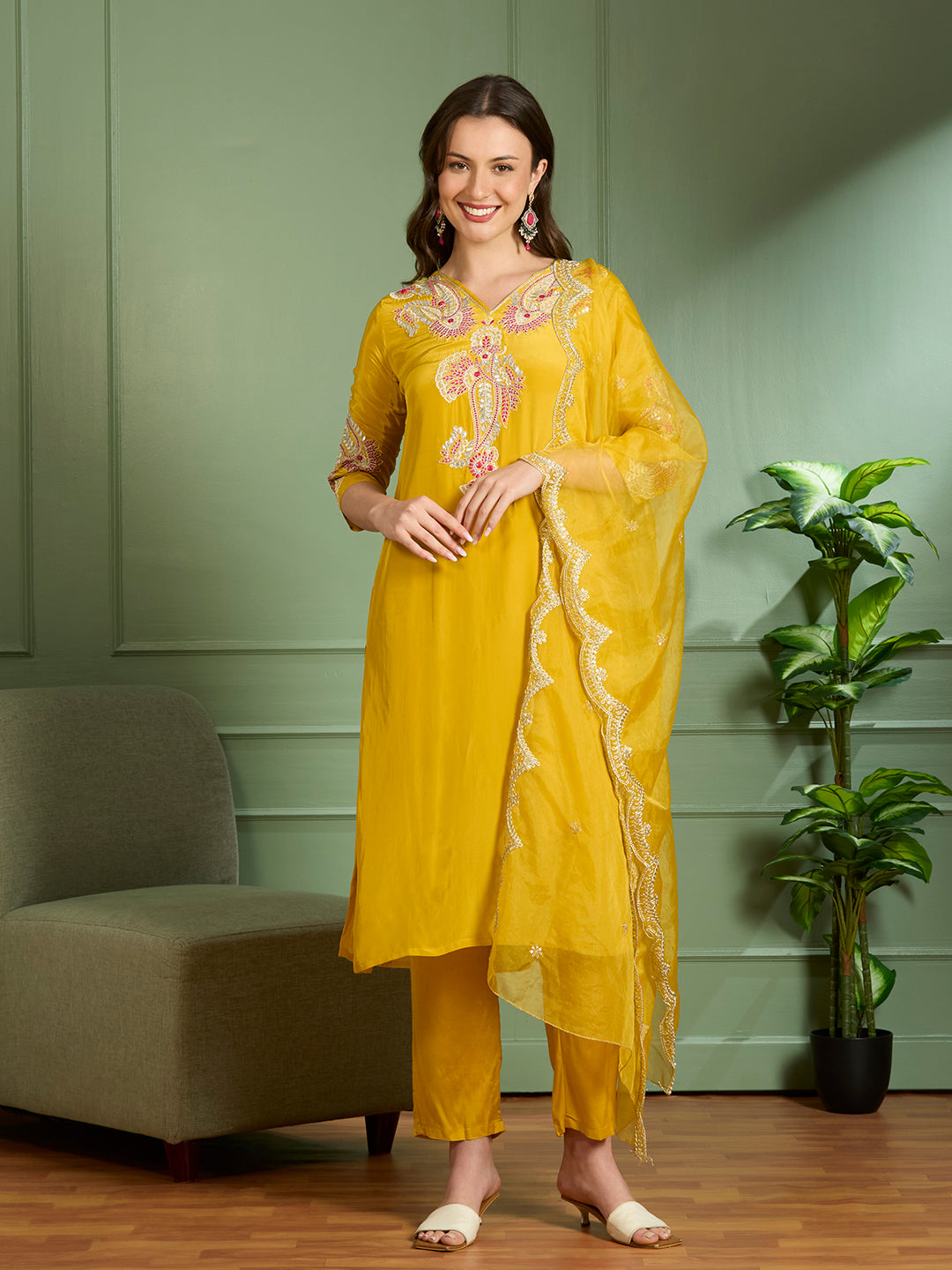 Festive Solid Floral Embroidered Straight Kurta with Pant & Dupatta - Yellow