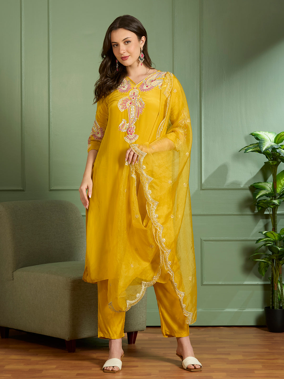 Festive Solid Floral Embroidered Straight Kurta with Pant & Dupatta - Yellow