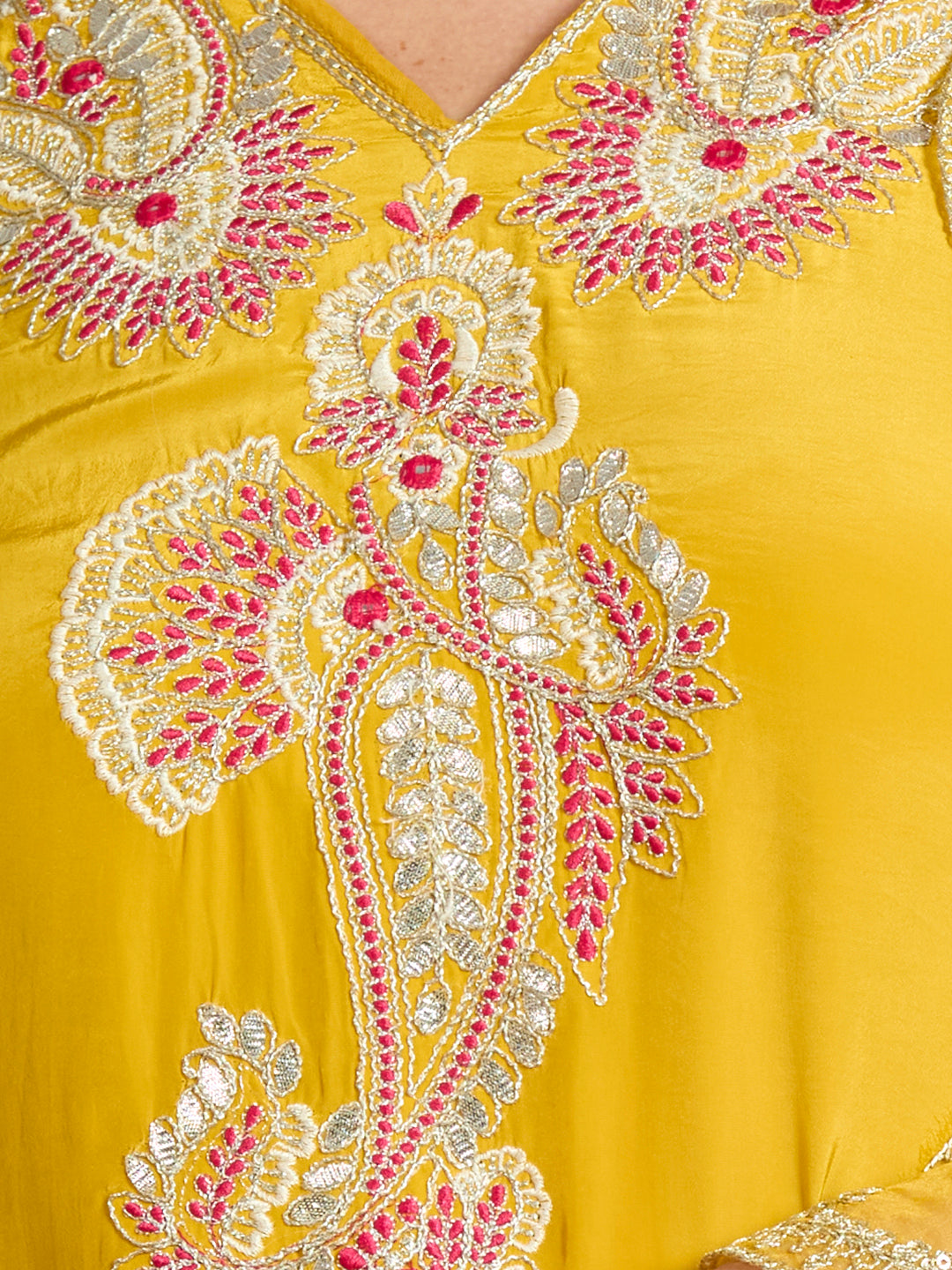 Festive Solid Floral Embroidered Straight Kurta with Pant & Dupatta - Yellow