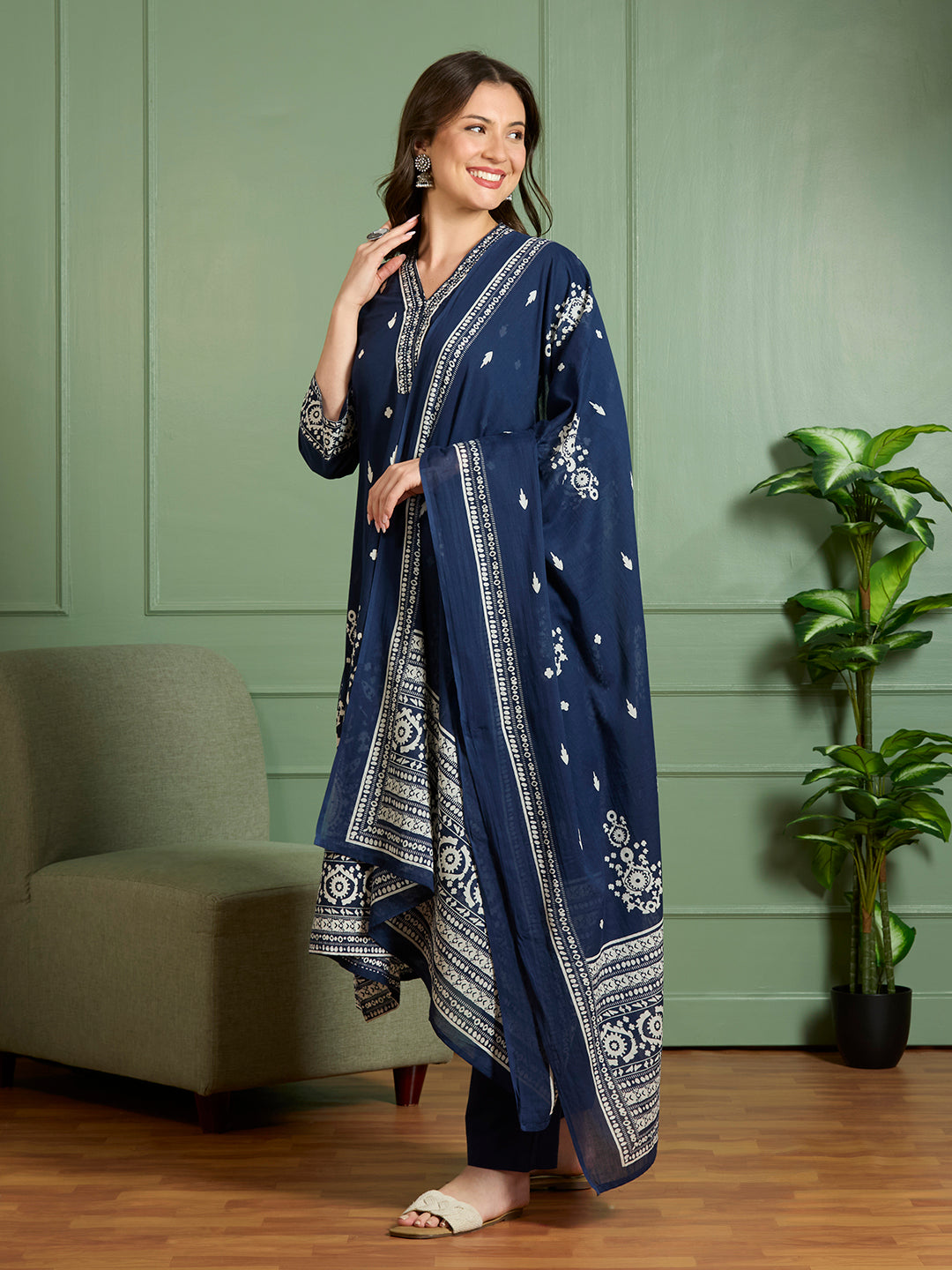 Ethnic Printed Embroidered A-Line Kurta with Pant and Pure Cotton Dupatta - Navy Blue