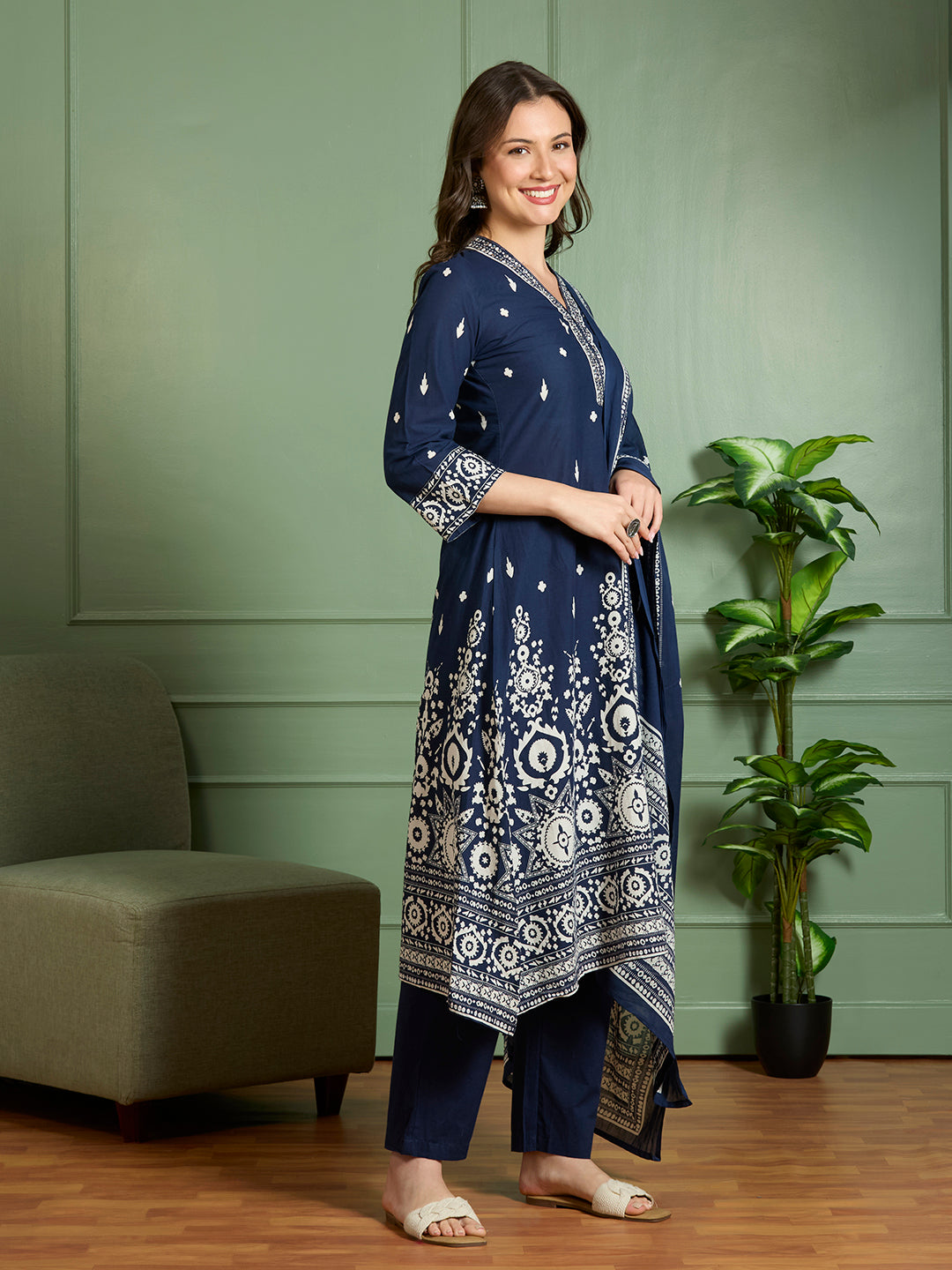 Ethnic Printed Embroidered A-Line Kurta with Pant and Pure Cotton Dupatta - Navy Blue