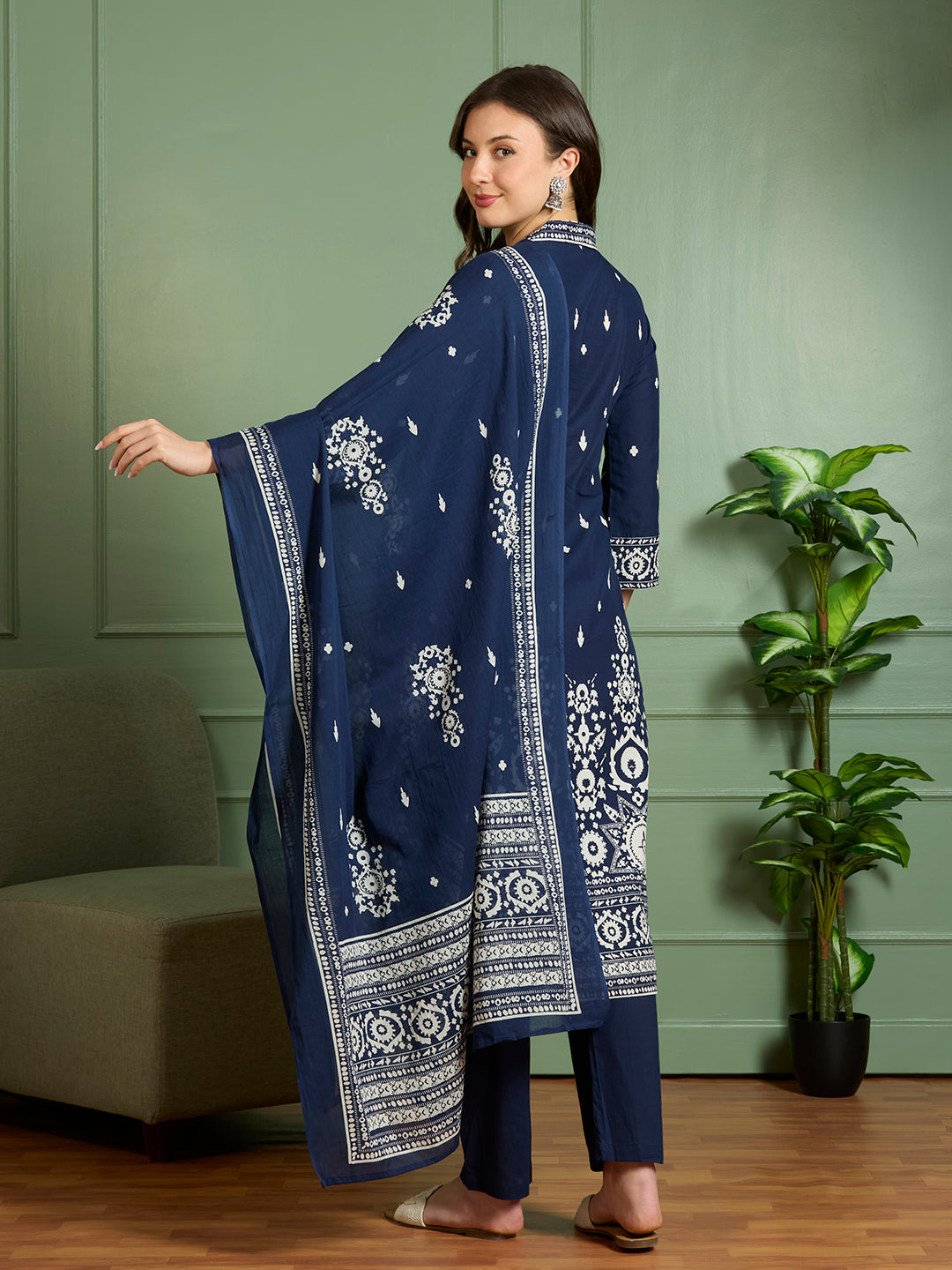 Ethnic Printed Embroidered A-Line Kurta with Pant and Pure Cotton Dupatta - Navy Blue