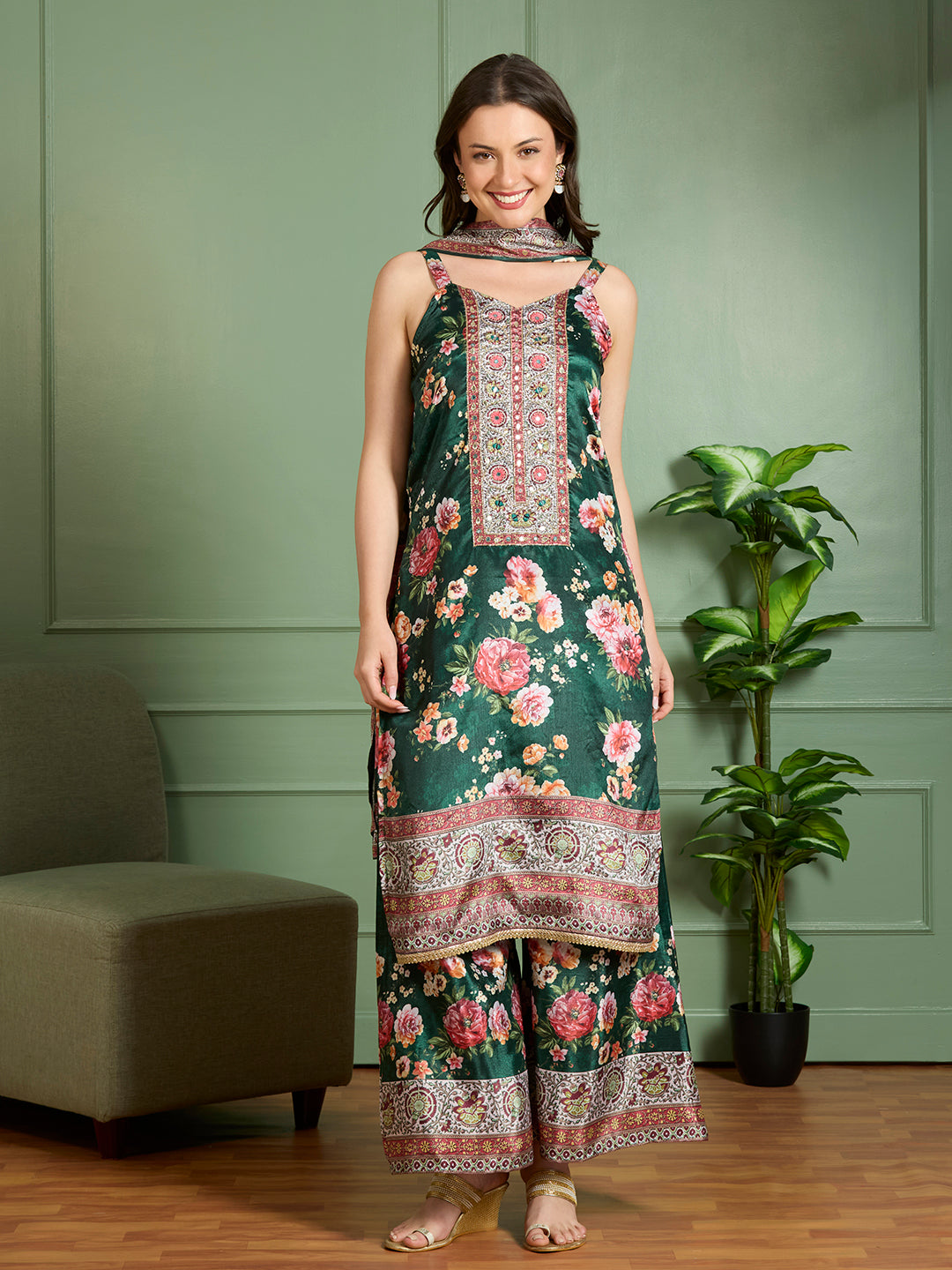 Ethnic Printed Embroidered Straight Kurta with Palazzo and Dupatta - Green