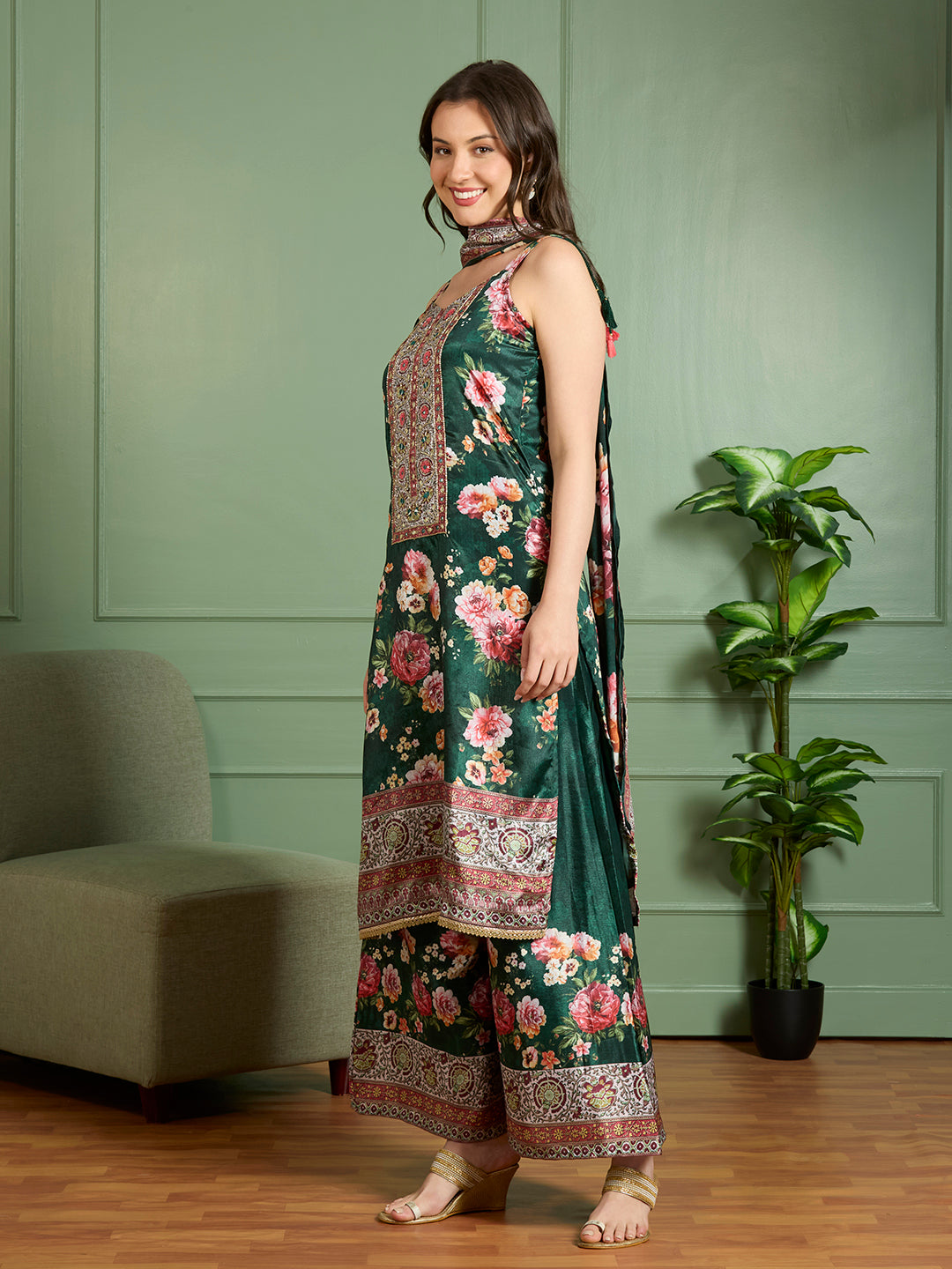 Ethnic Printed Embroidered Straight Kurta with Palazzo and Dupatta - Green