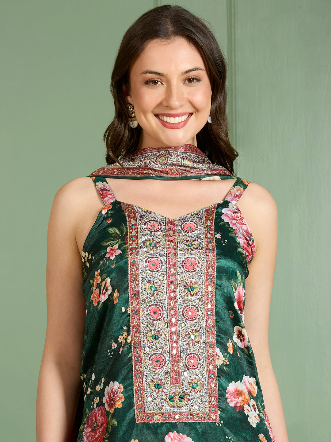 Ethnic Printed Embroidered Straight Kurta with Palazzo and Dupatta - Green