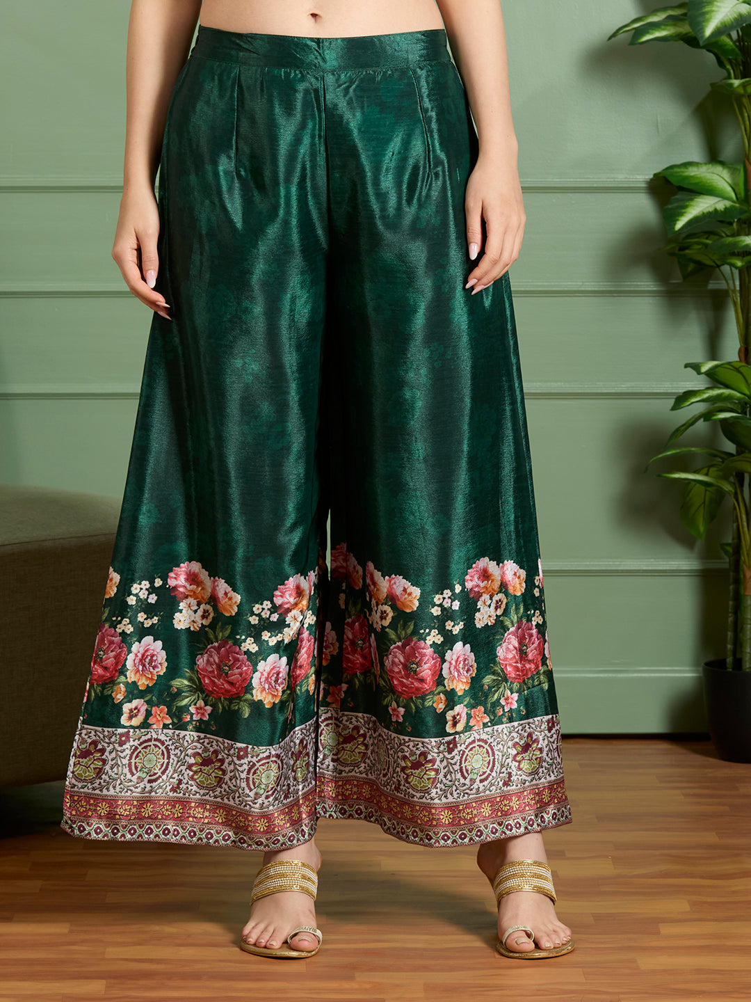 Ethnic Printed Embroidered Straight Kurta with Palazzo and Dupatta - Green
