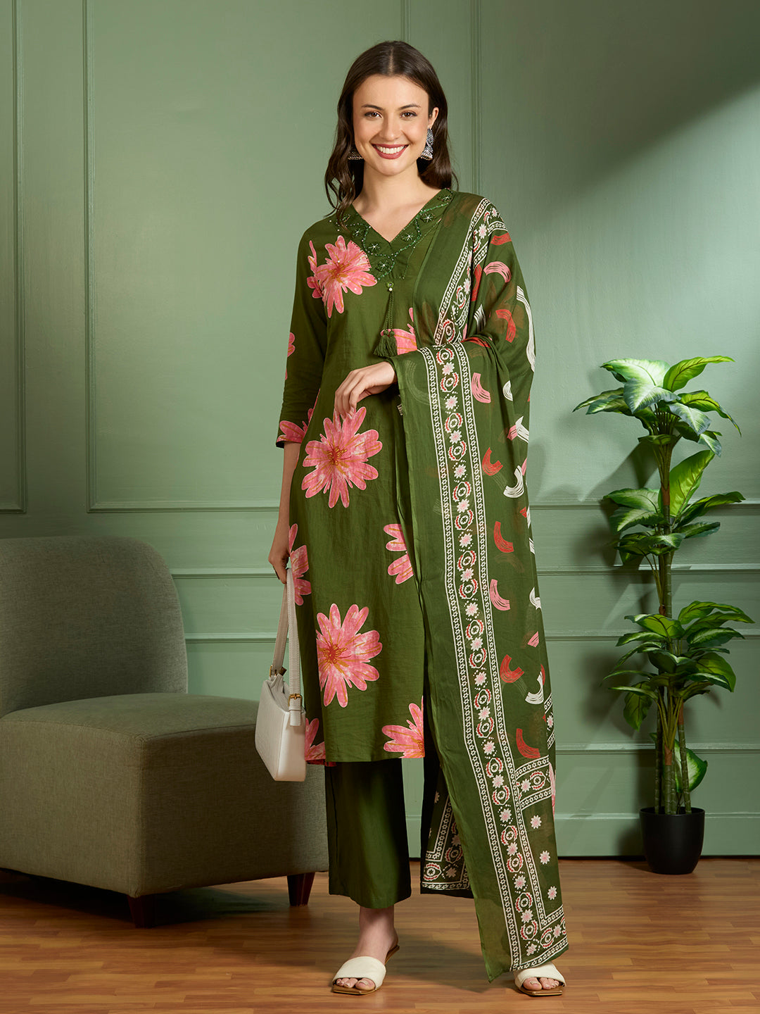 Abstract Floral Printed A-Line Kurta with Palazzo & Dupatta - Green