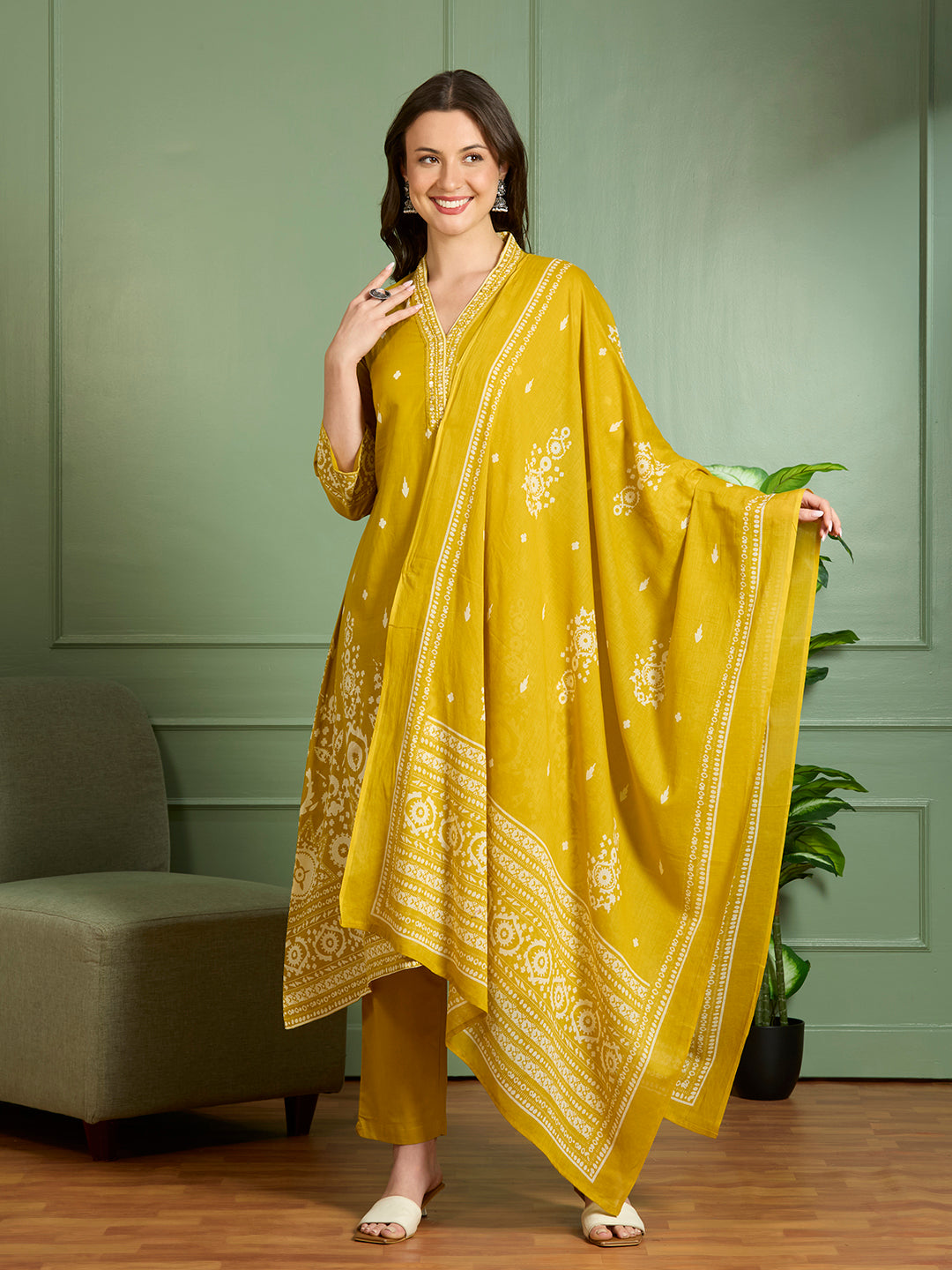 Ethnic Printed Embroidered A-Line Kurta with Pant and Pure Cotton Dupatta - Mustard