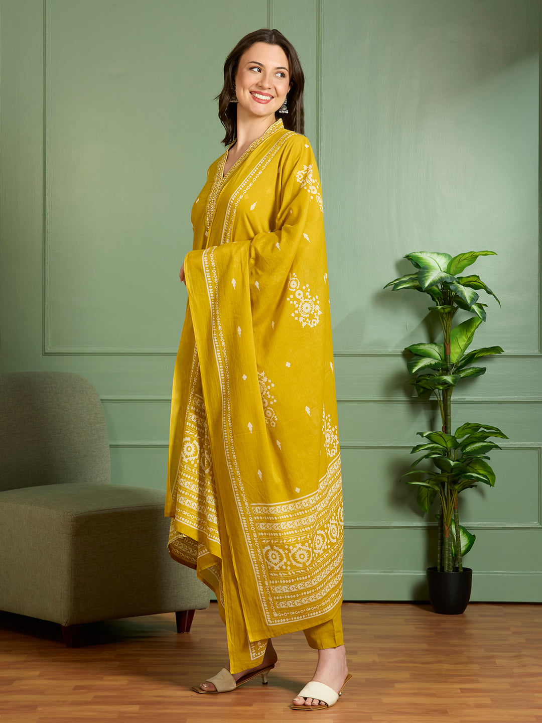 Ethnic Printed Embroidered A-Line Kurta with Pant and Pure Cotton Dupatta - Mustard