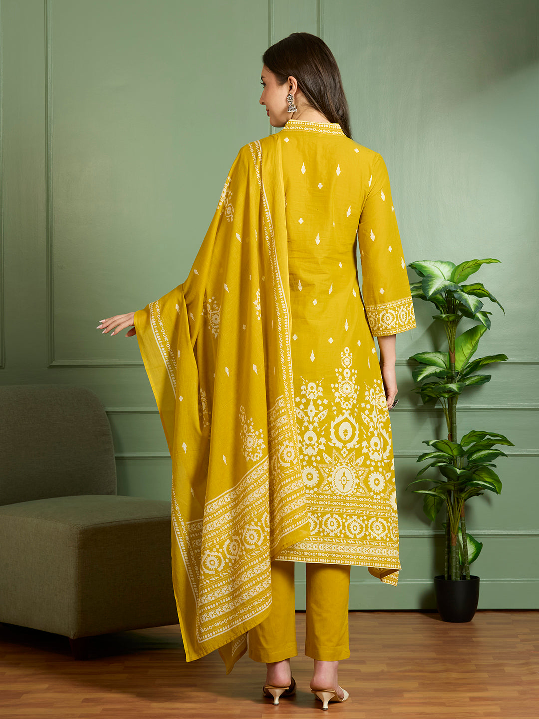 Ethnic Printed Embroidered A-Line Kurta with Pant and Pure Cotton Dupatta - Mustard