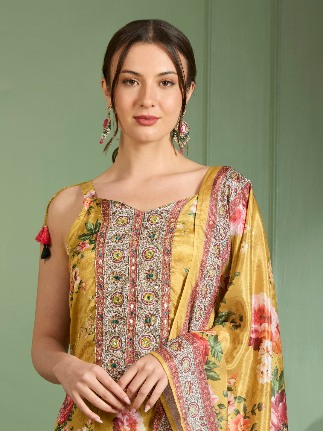 Floral Printed Embroidered Straight Fit Kurta with Palazzo & Dupatta - Yellow