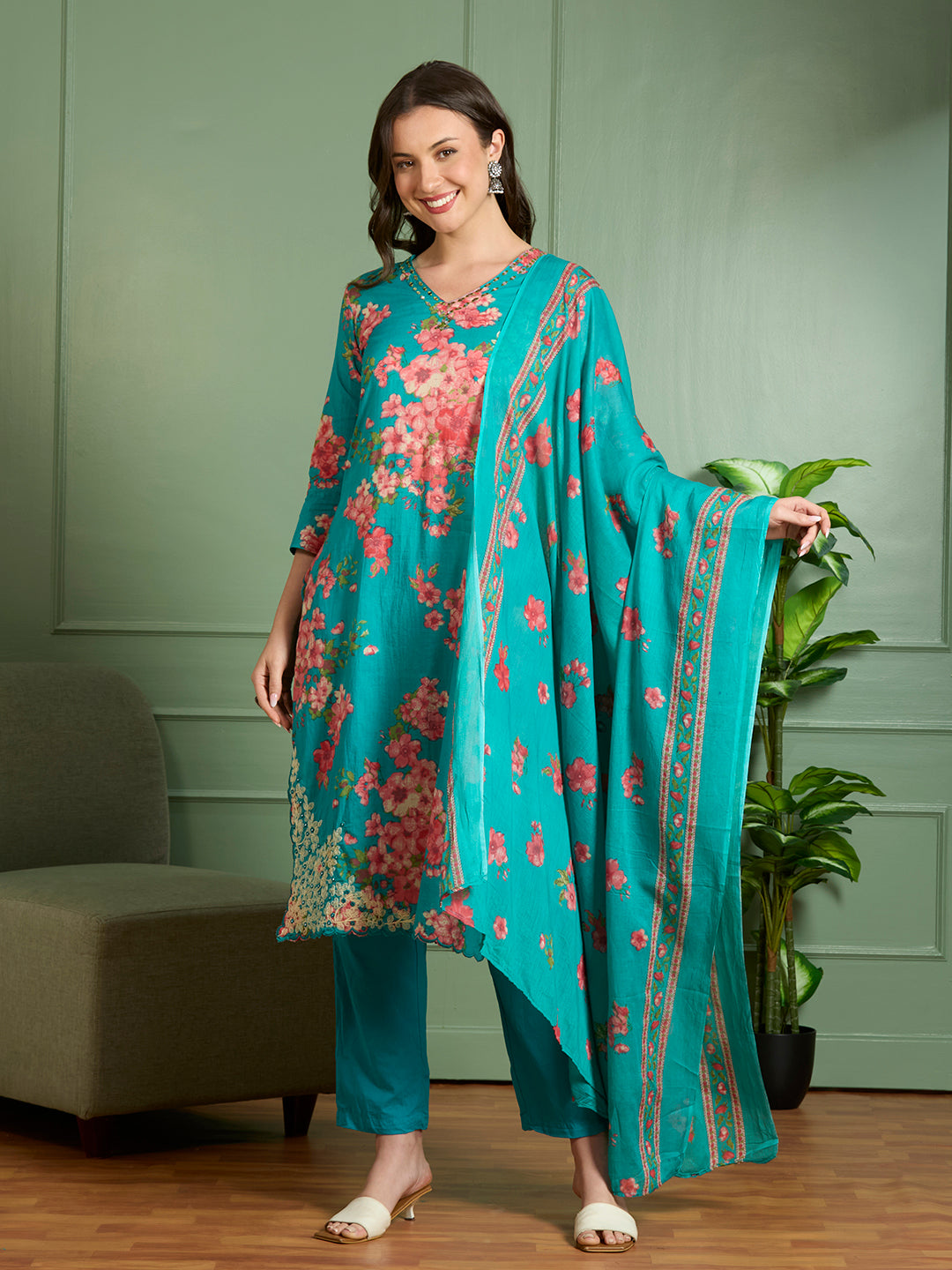 Floral Printed Straight Fit Kurta with Palazzo and Pure Cotton Dupatta - Sea Green