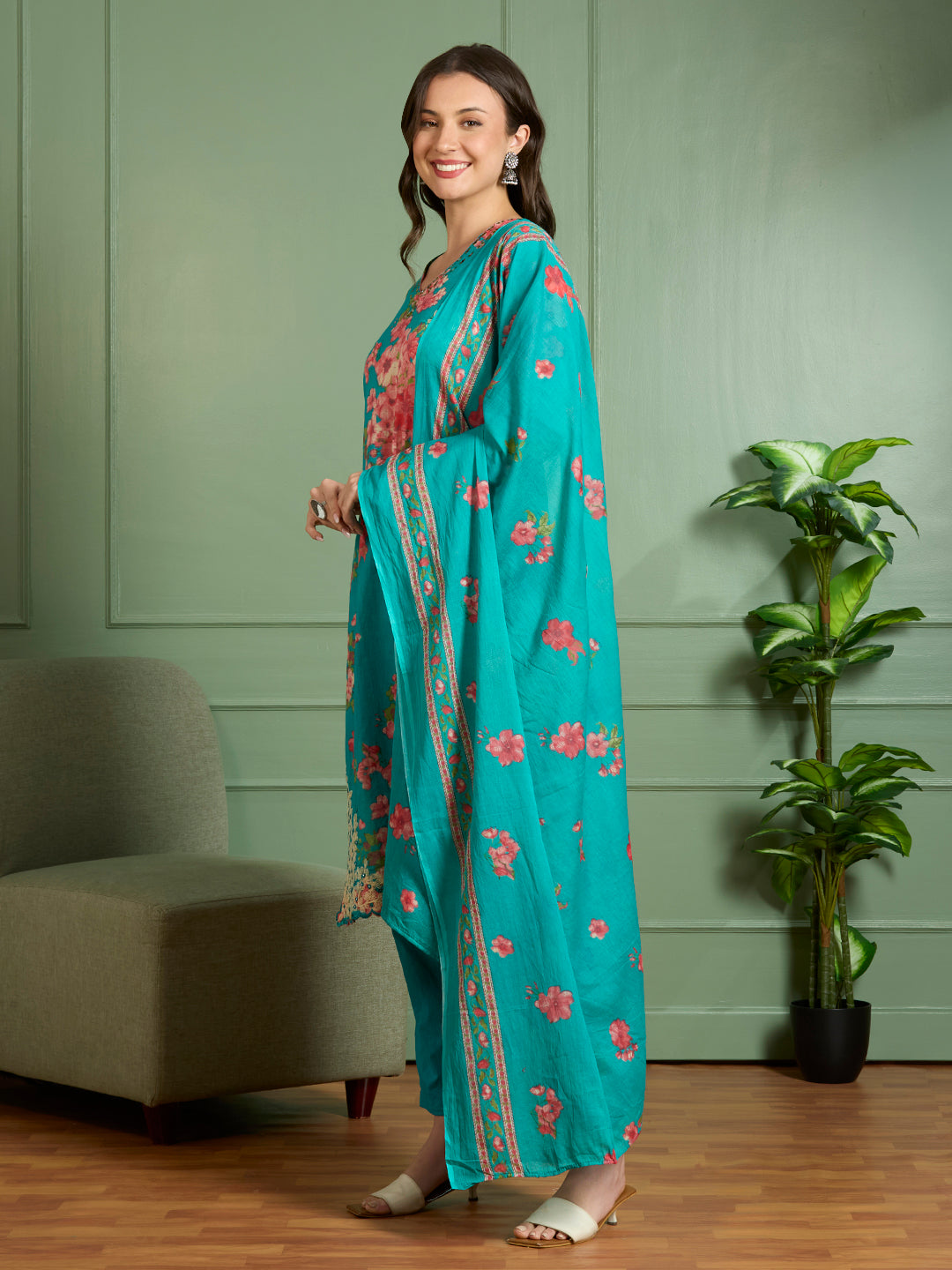 Floral Printed Straight Fit Kurta with Palazzo and Pure Cotton Dupatta - Sea Green