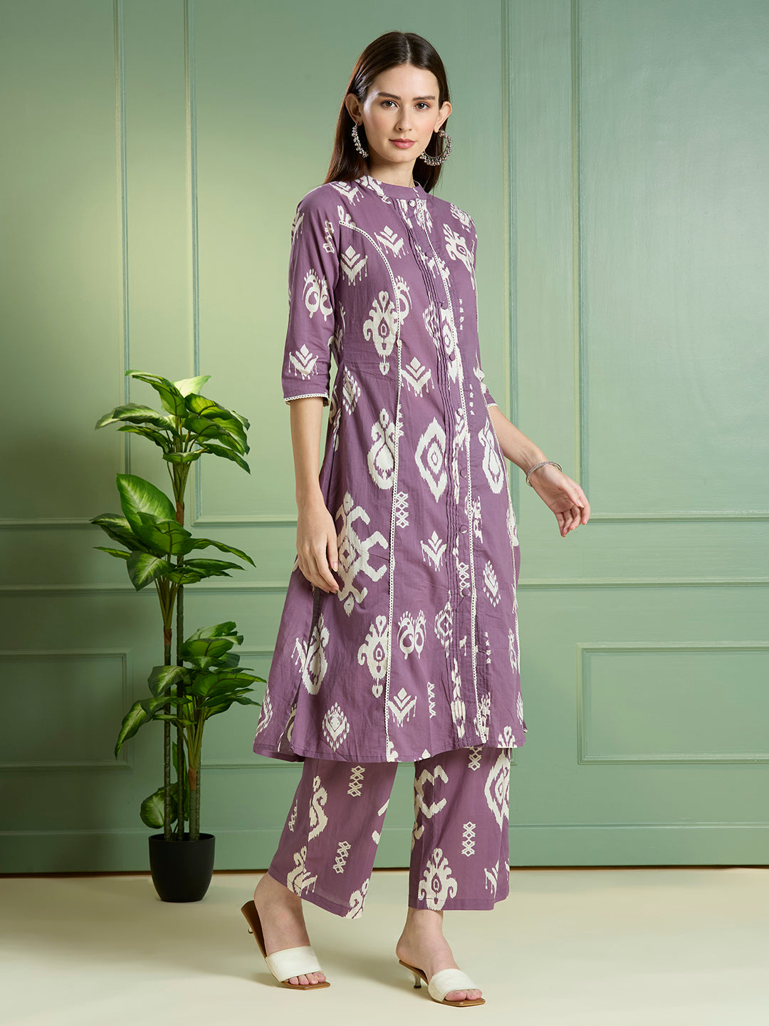 Ikat Printed A-Line Paneled Co-ord Set - Purple