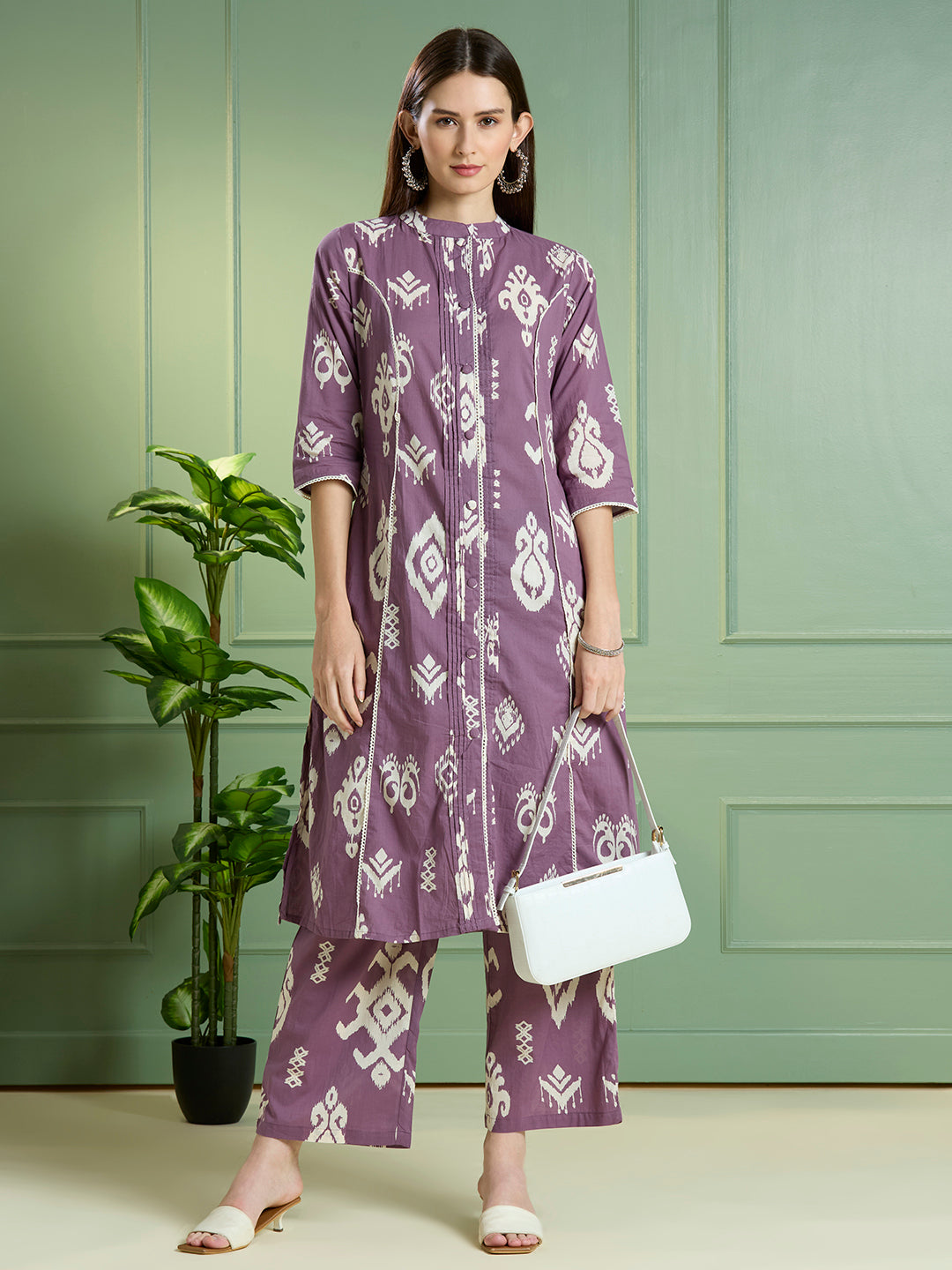 Ikat Printed A-Line Paneled Co-ord Set - Purple