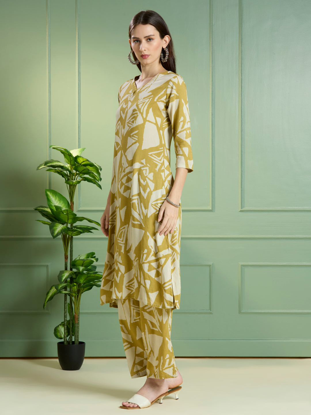 Abstract Printed Straight Fit Co-ord Set - Lime Green