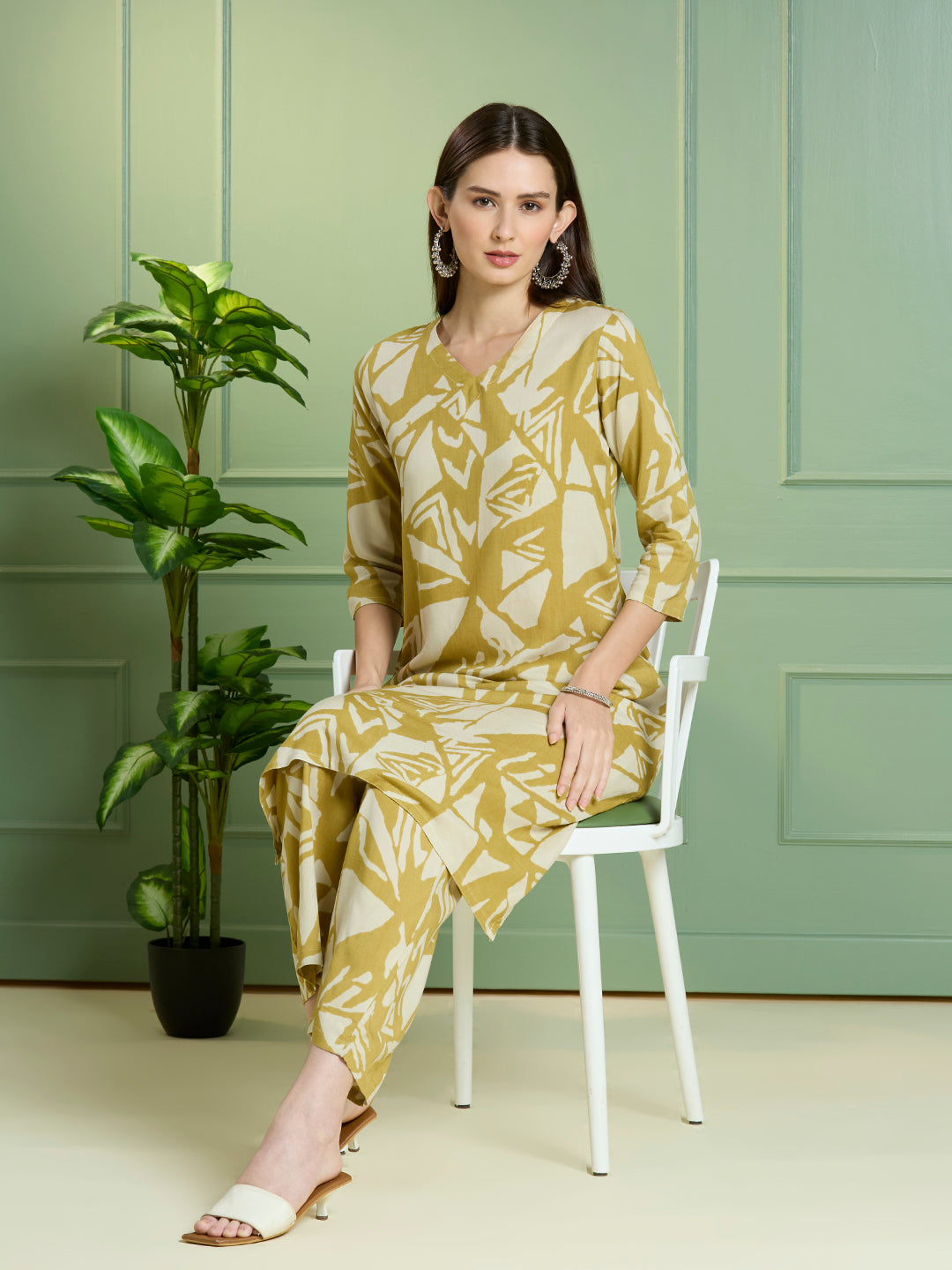 Abstract Printed Straight Fit Co-ord Set - Lime Green