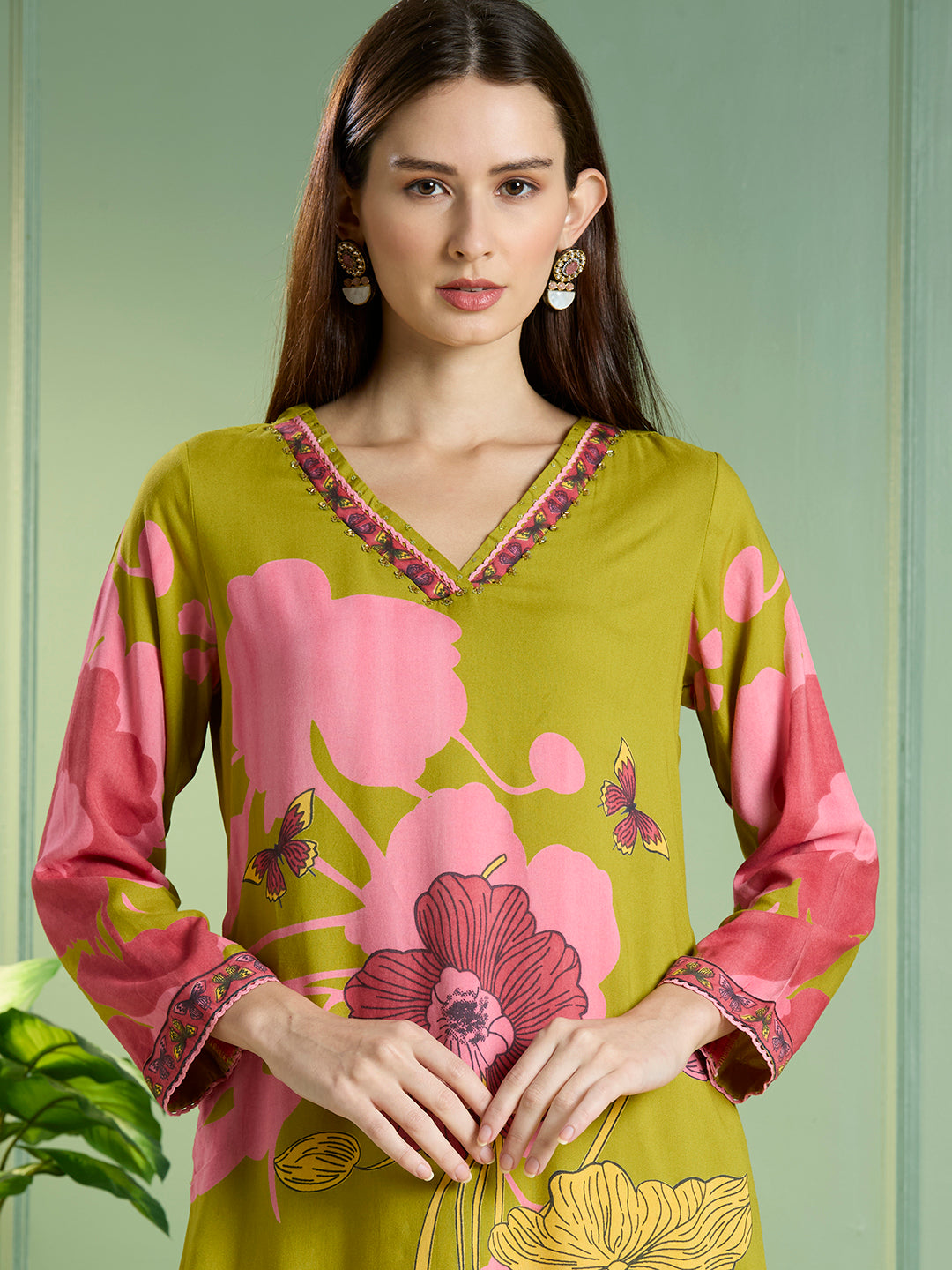 Abstract Floral Printed Straight Fit Co-ord Set - Lime Green