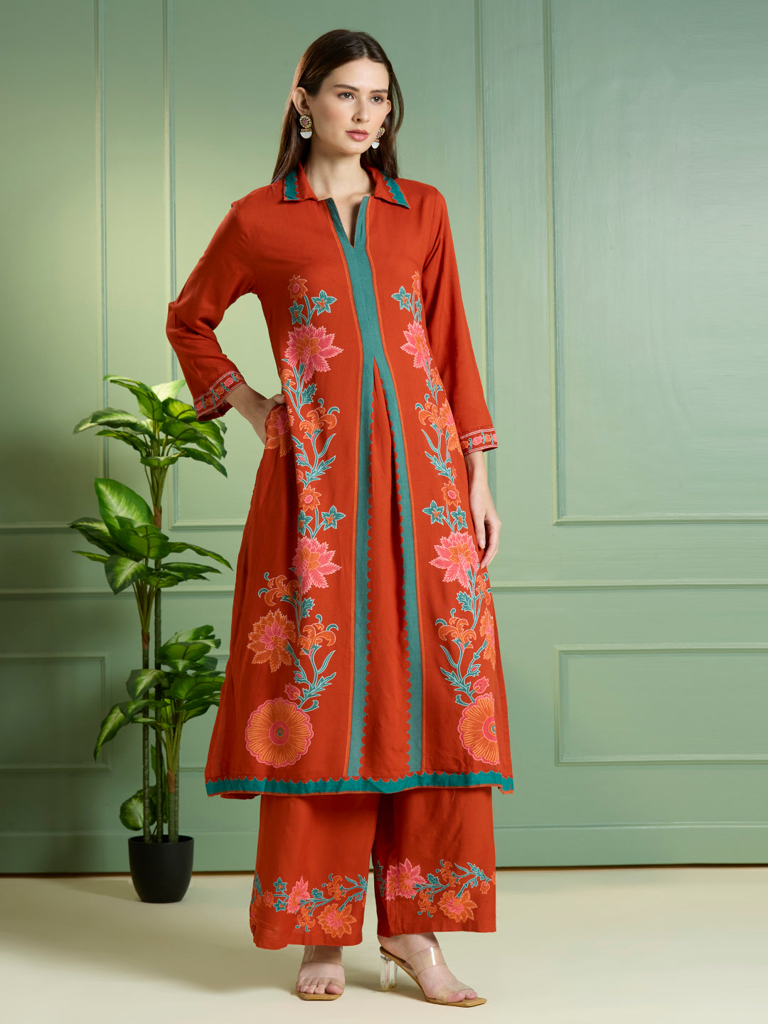 Solid Floral Printed Straight Fit Co-ord Set - Orange