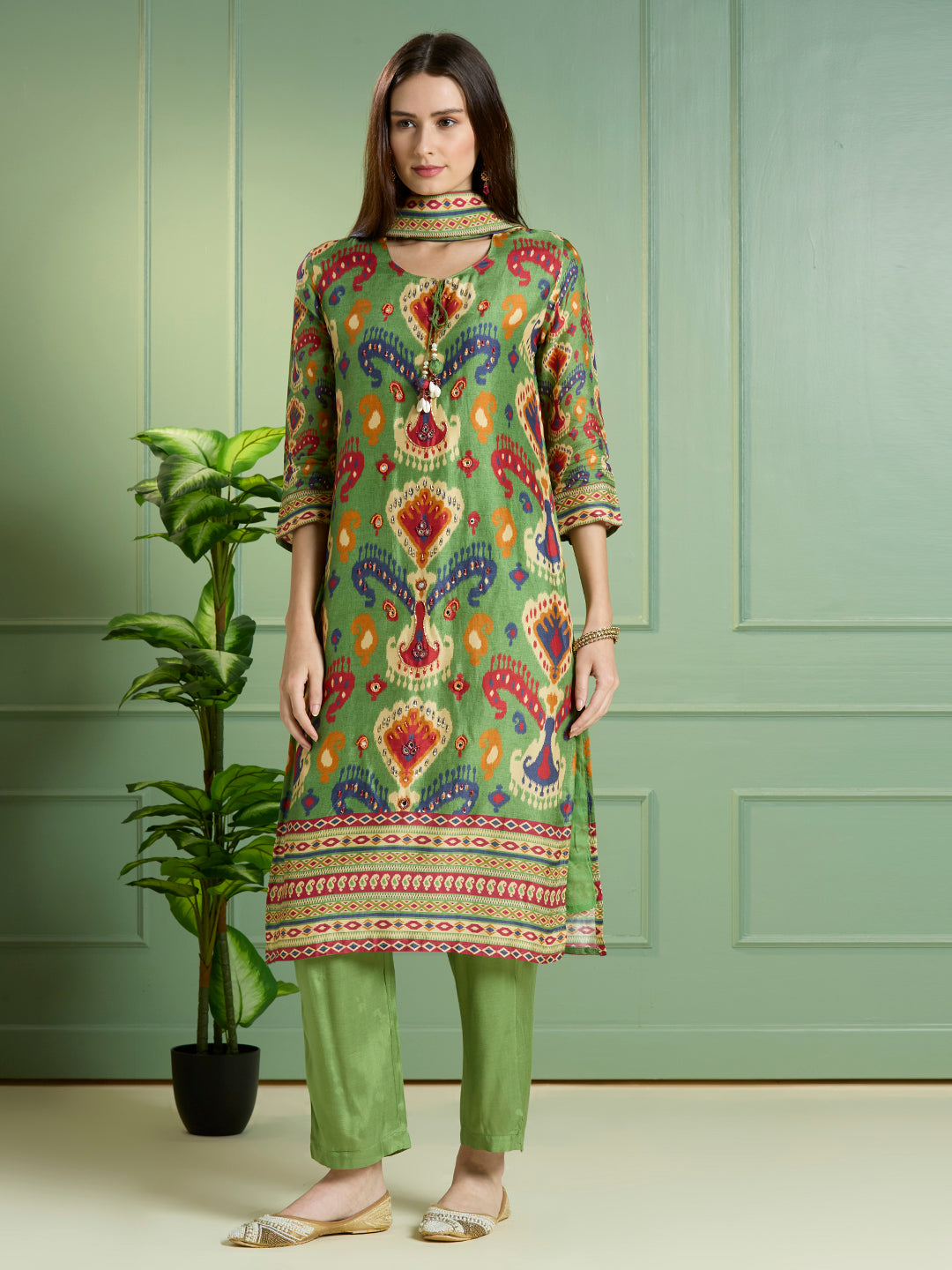 Abstract Ikat Printed Embroidered Straight Kurta with Pant & Dupatta - Green
