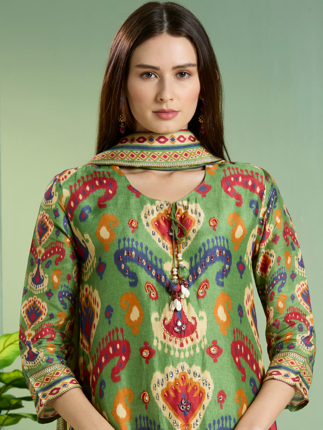 Abstract Ikat Printed Embroidered Straight Kurta with Pant & Dupatta - Green