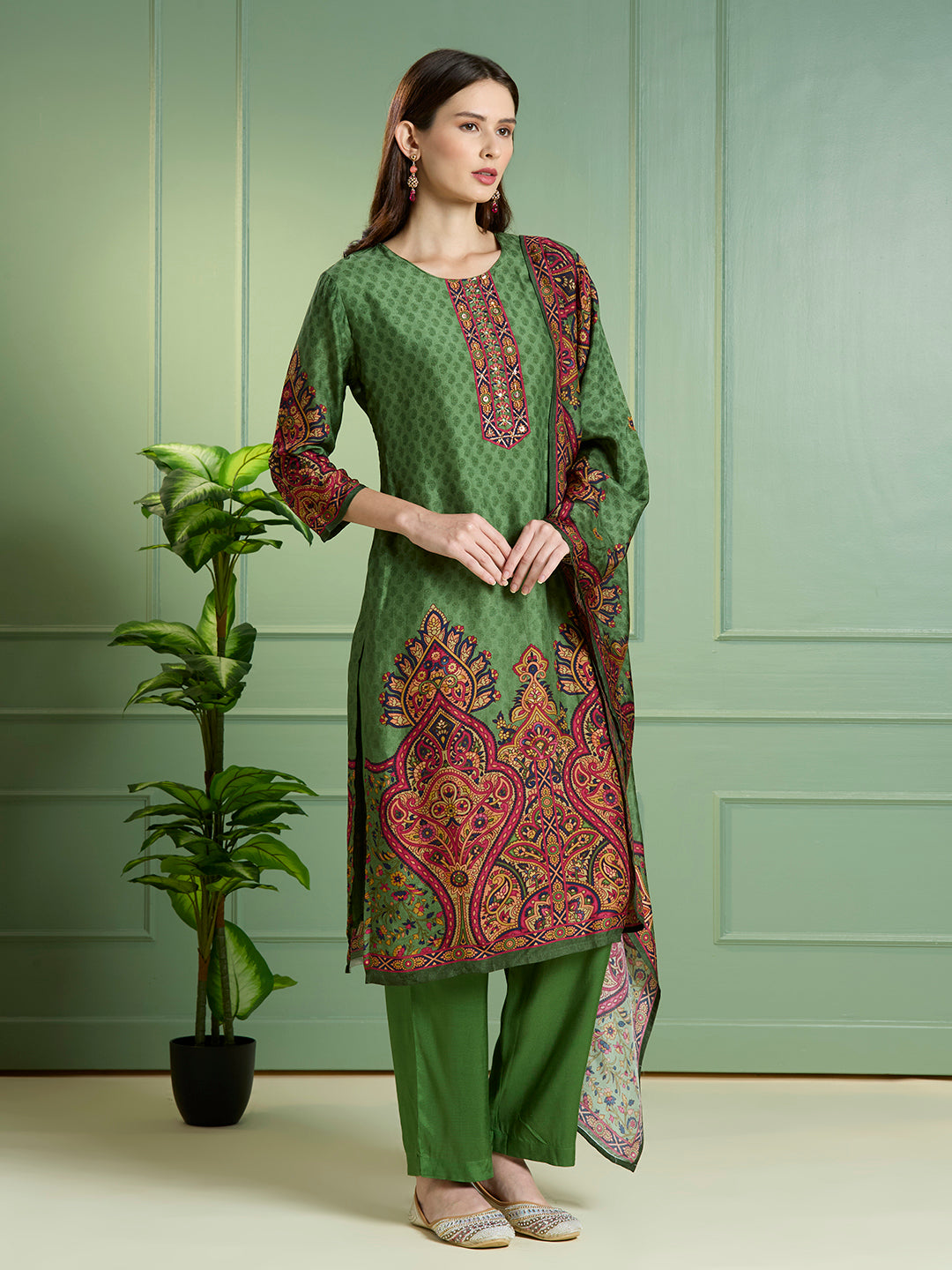 Ethnic Printed Embroidered Straight Kurta with Pant & Dupatta - Green