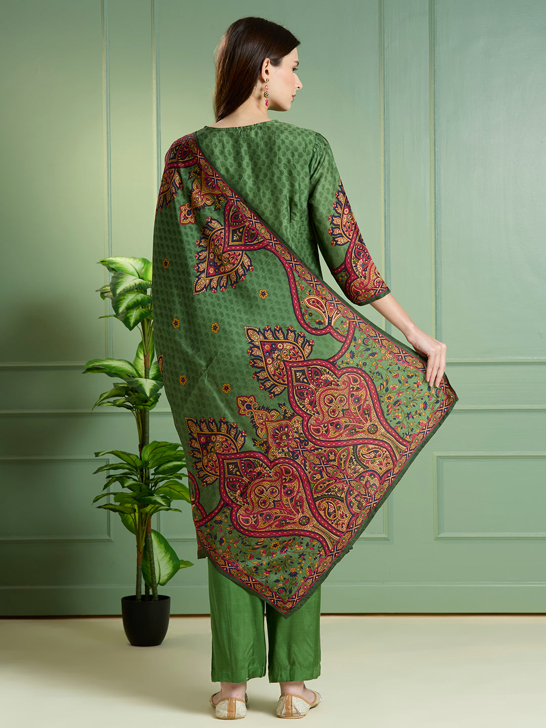 Ethnic Printed Embroidered Straight Kurta with Pant & Dupatta - Green