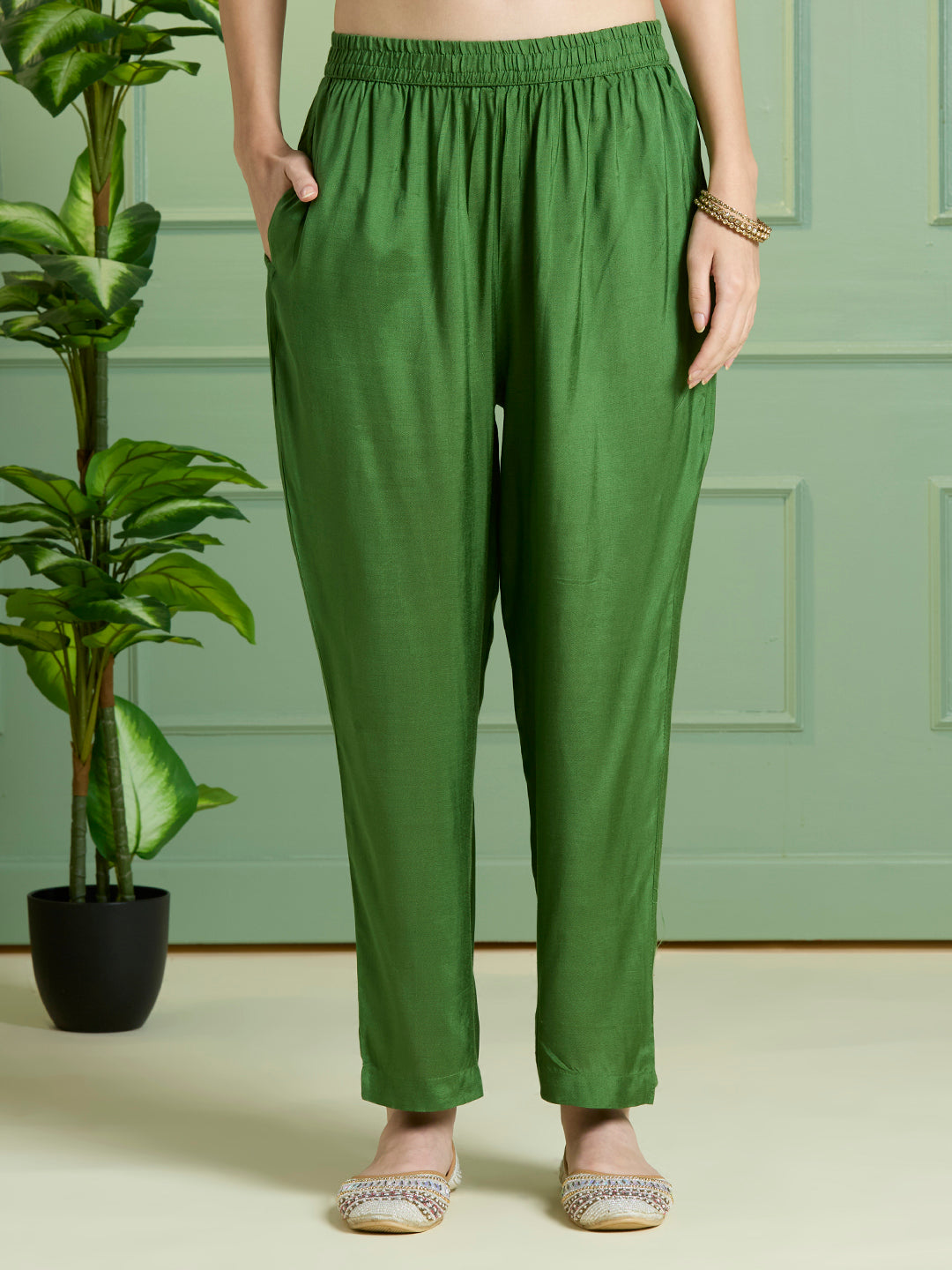 Ethnic Printed Embroidered Straight Kurta with Pant & Dupatta - Green