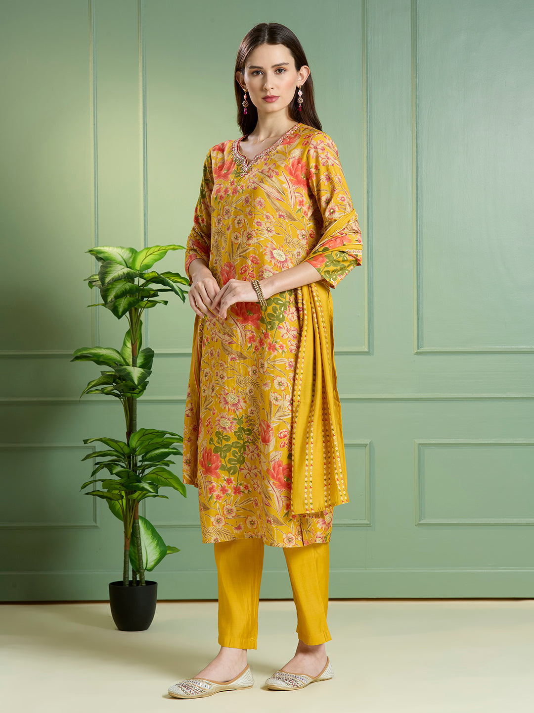 Ethnic Floral Printed Straight Kurta with Pant & Dupatta - Yellow