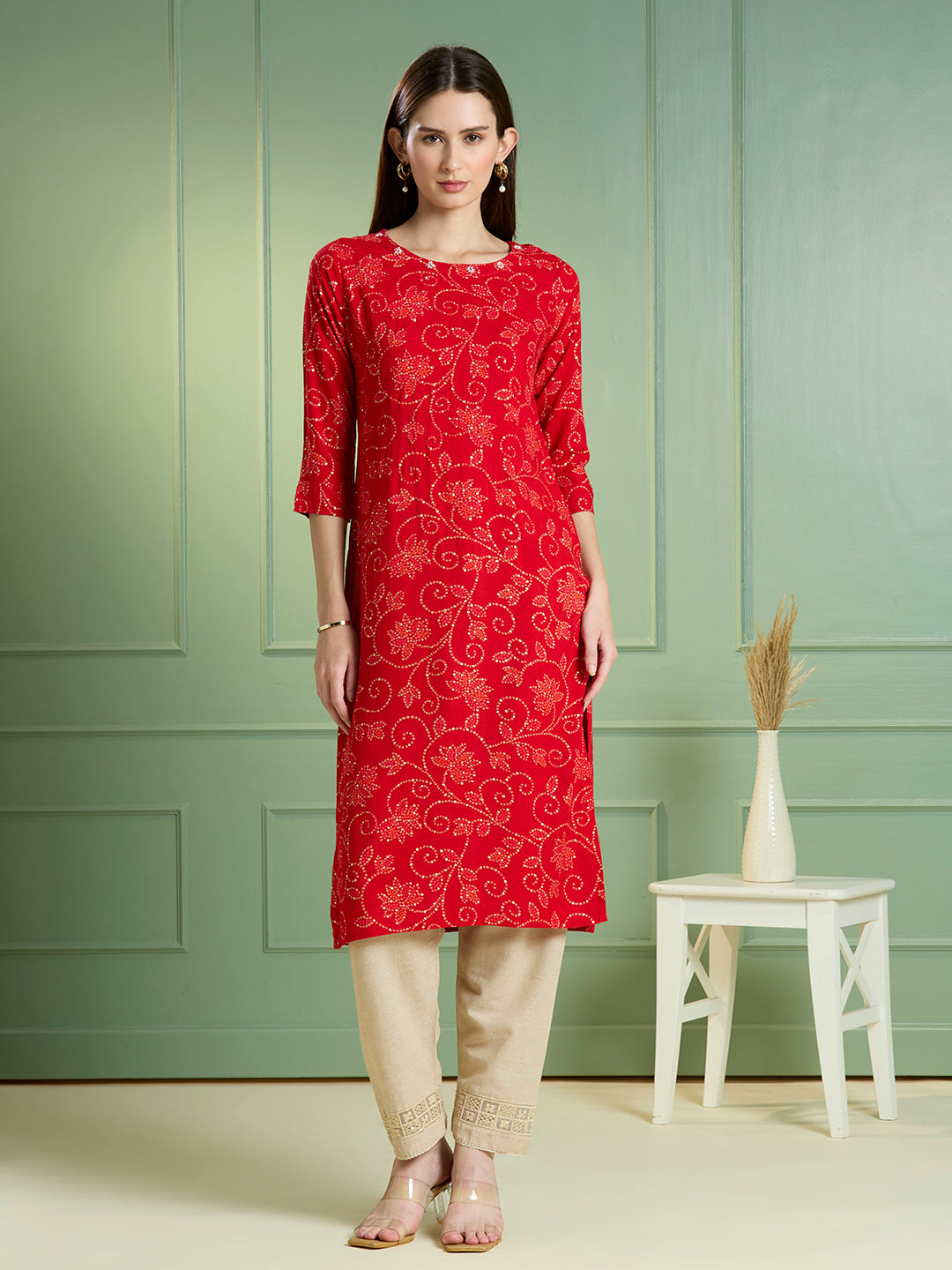 Bandhani Printed Straight Fit Kurta - Red