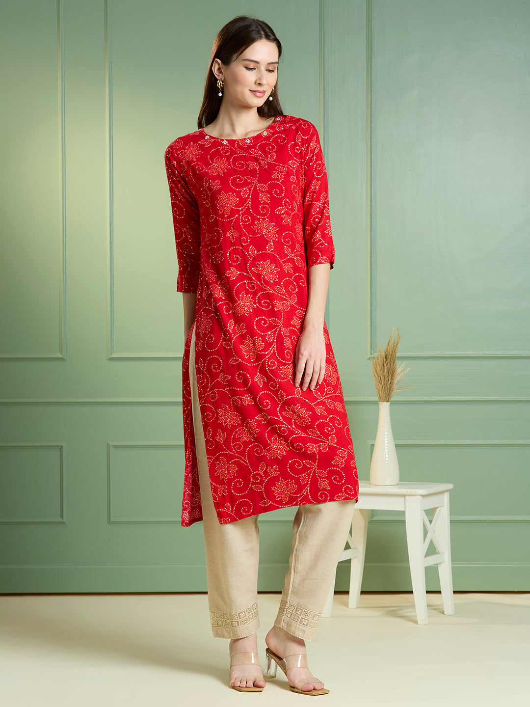 Bandhani Printed Straight Fit Kurta - Red