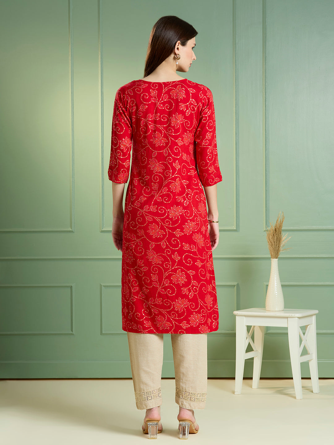 Bandhani Printed Straight Fit Kurta - Red