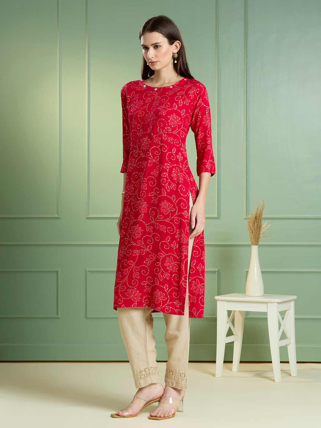 Bandhani Printed Straight Fit Kurta - Maroon