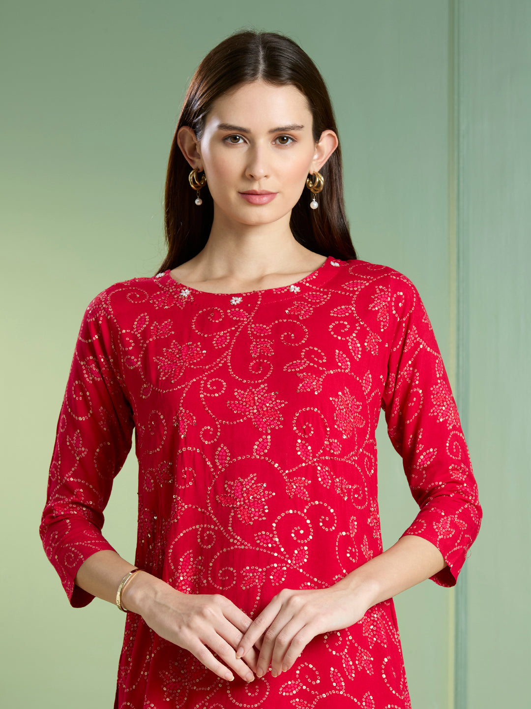 Bandhani Printed Straight Fit Kurta - Maroon
