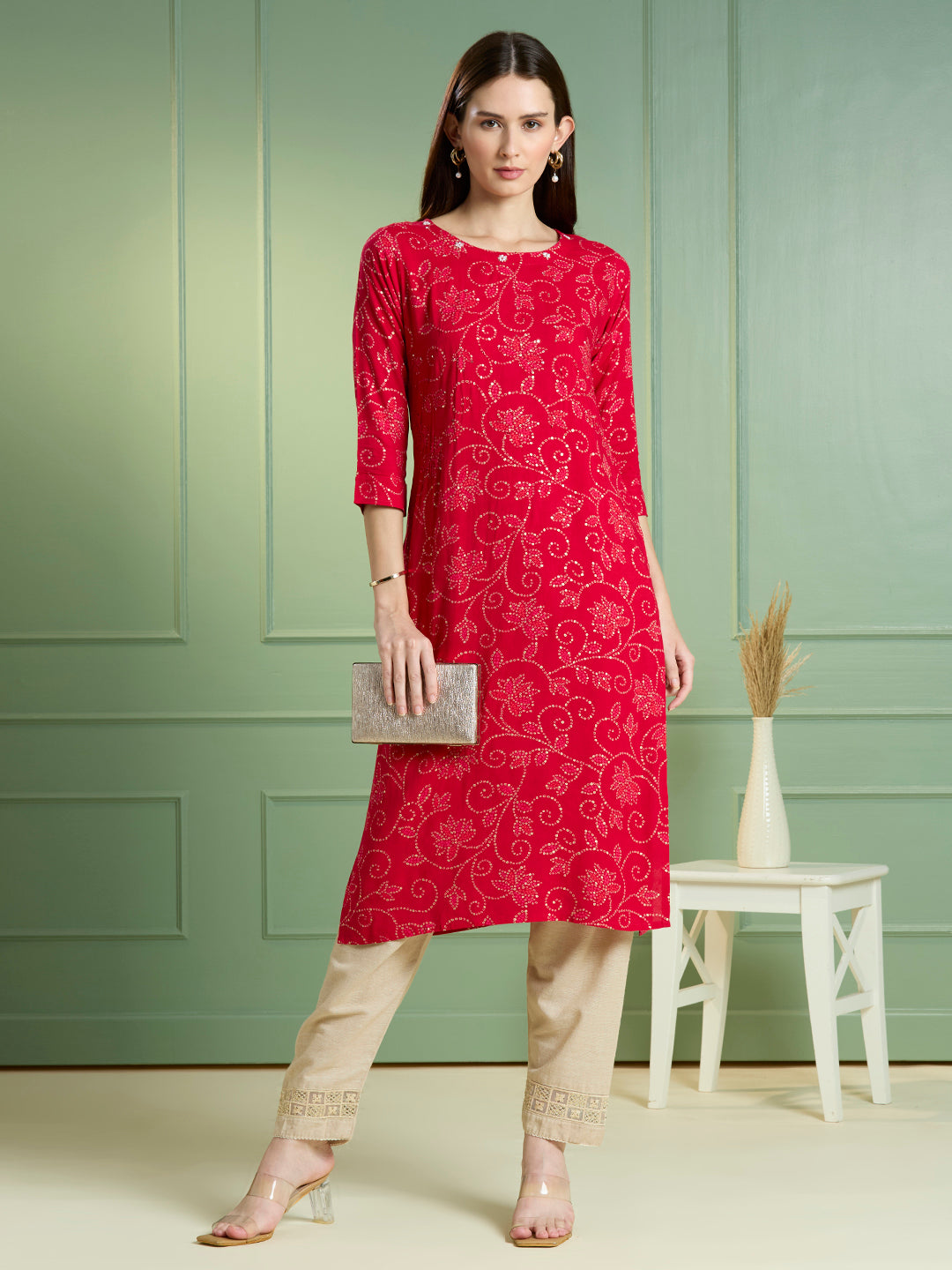 Bandhani Printed Straight Fit Kurta - Maroon