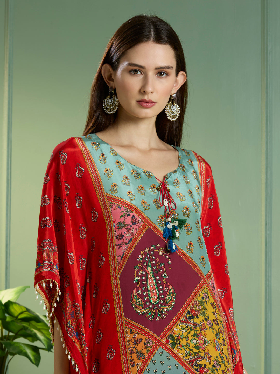 Festive Ethnic Printed Embroidered Kaftan Kurta with Pant - Red