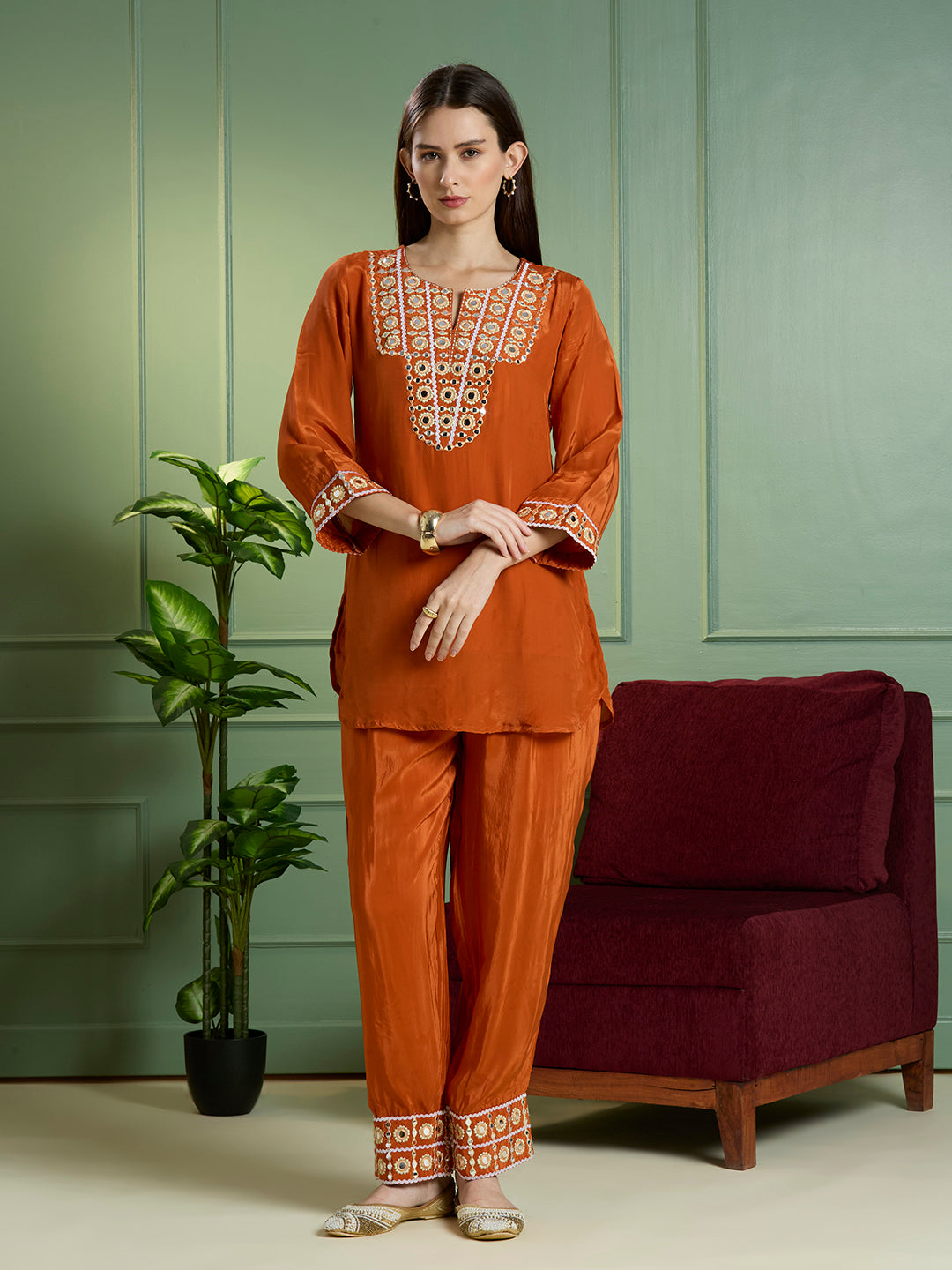 Solid Mirror Work Embroidered Straight Fit Co-ord Set - Rust