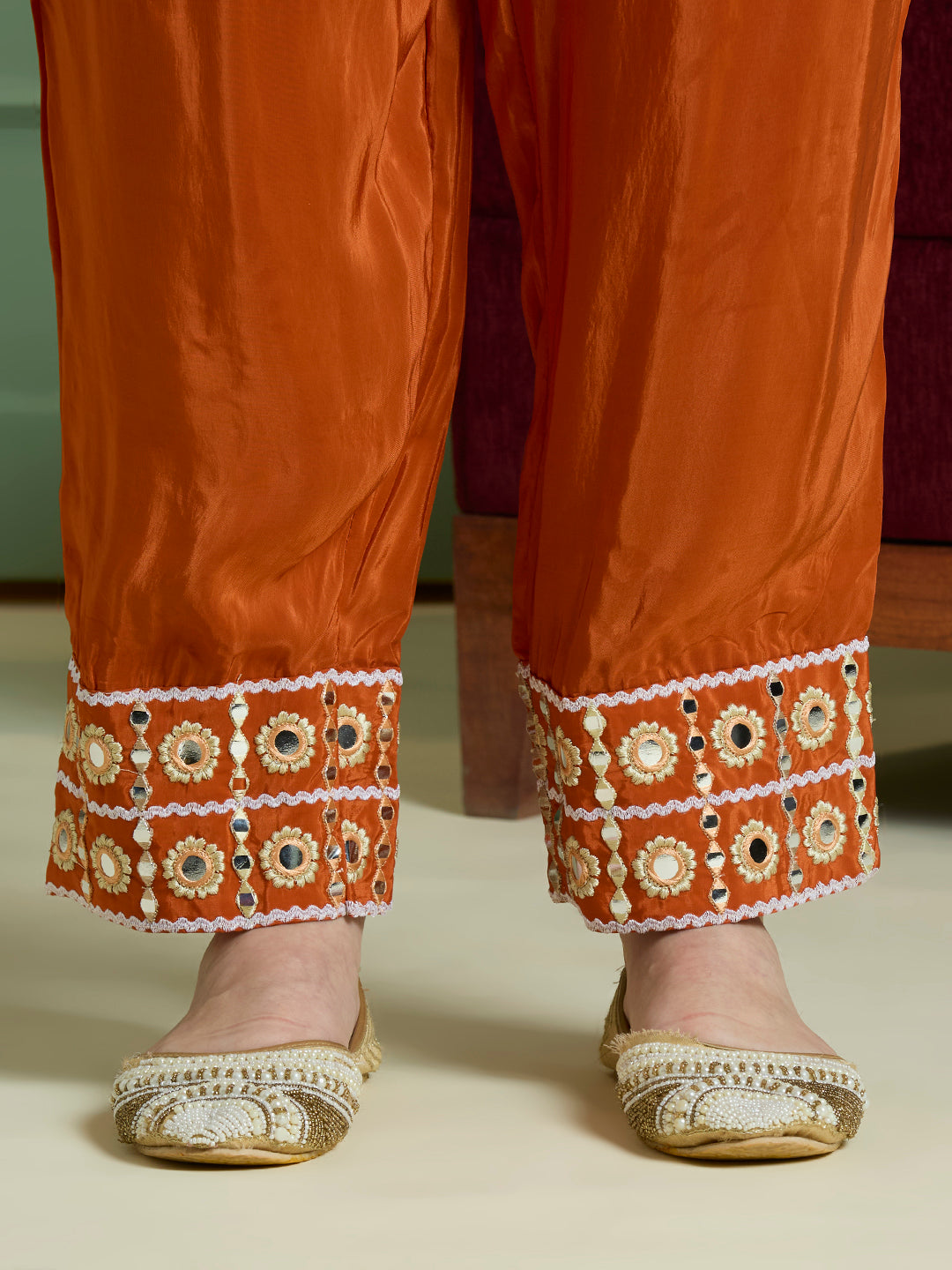 Solid Mirror Work Embroidered Straight Fit Co-ord Set - Rust